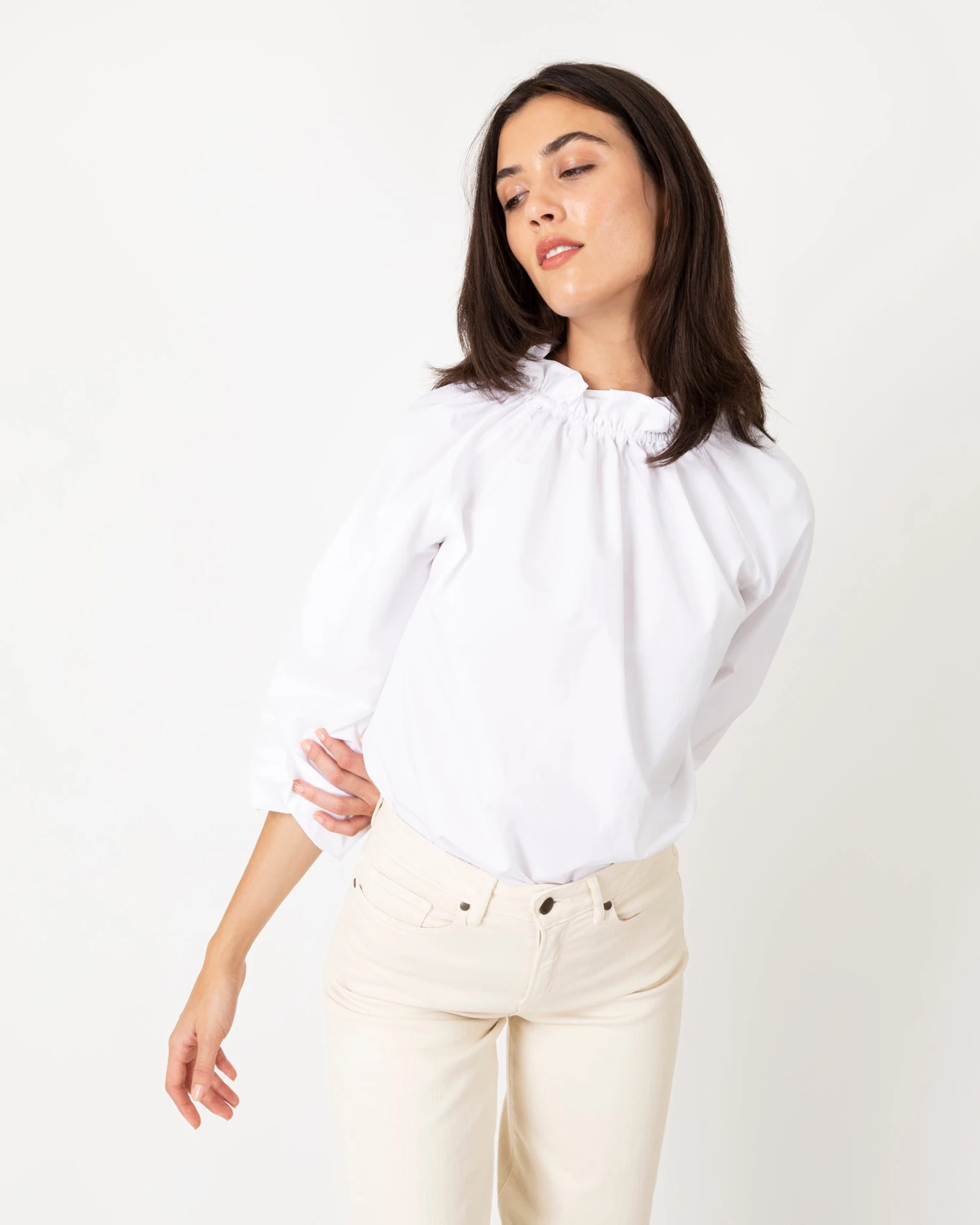 Kamille Blouson-Sleeve Top In White Poplin - Image 2