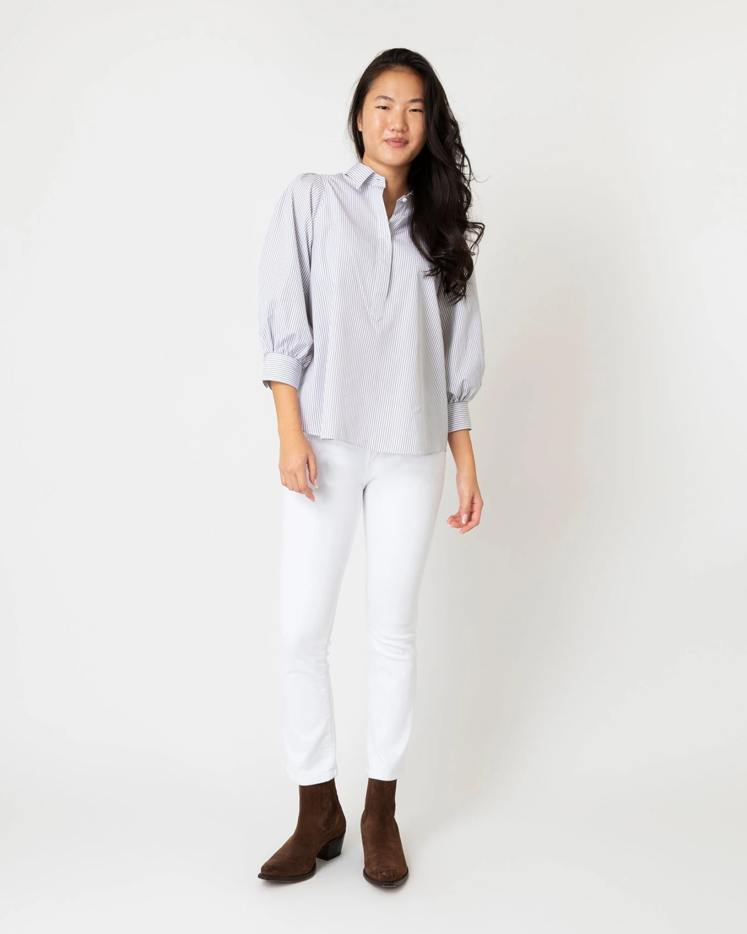 Geraldine Popover Shirt In Grey Stripe Poplin - Image 5