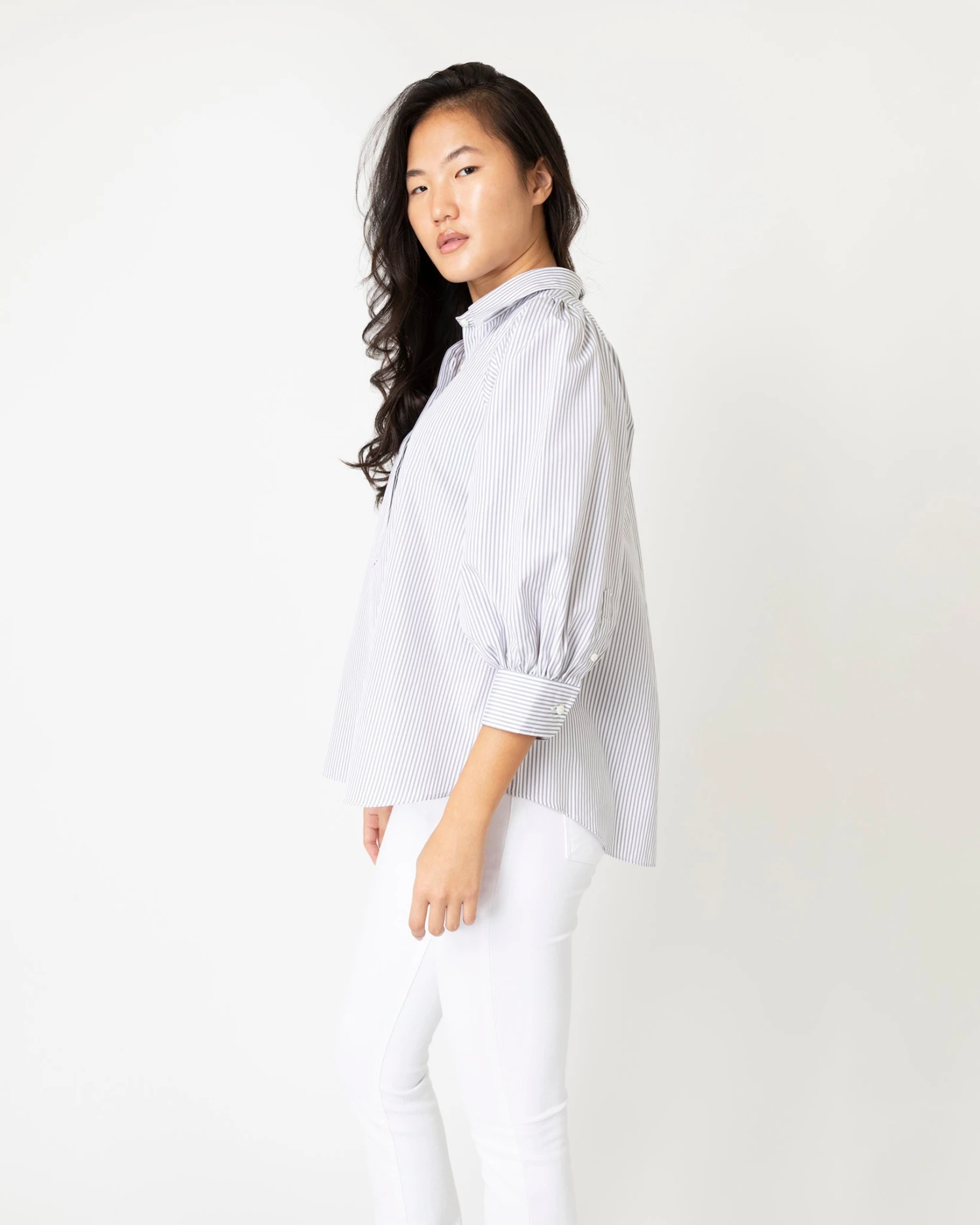 Geraldine Popover Shirt In Grey Stripe Poplin - Image 6