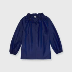 Button-Front Kamille Blouse In Navy Silk Shantung
