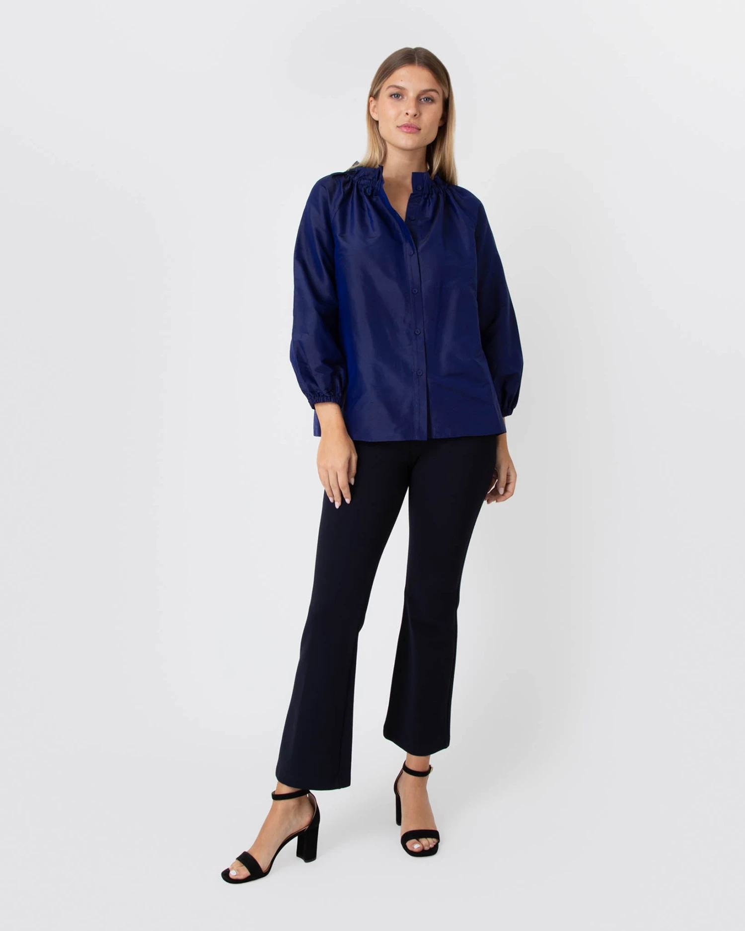 Button-Front Kamille Blouse In Navy Silk Shantung - Image 2