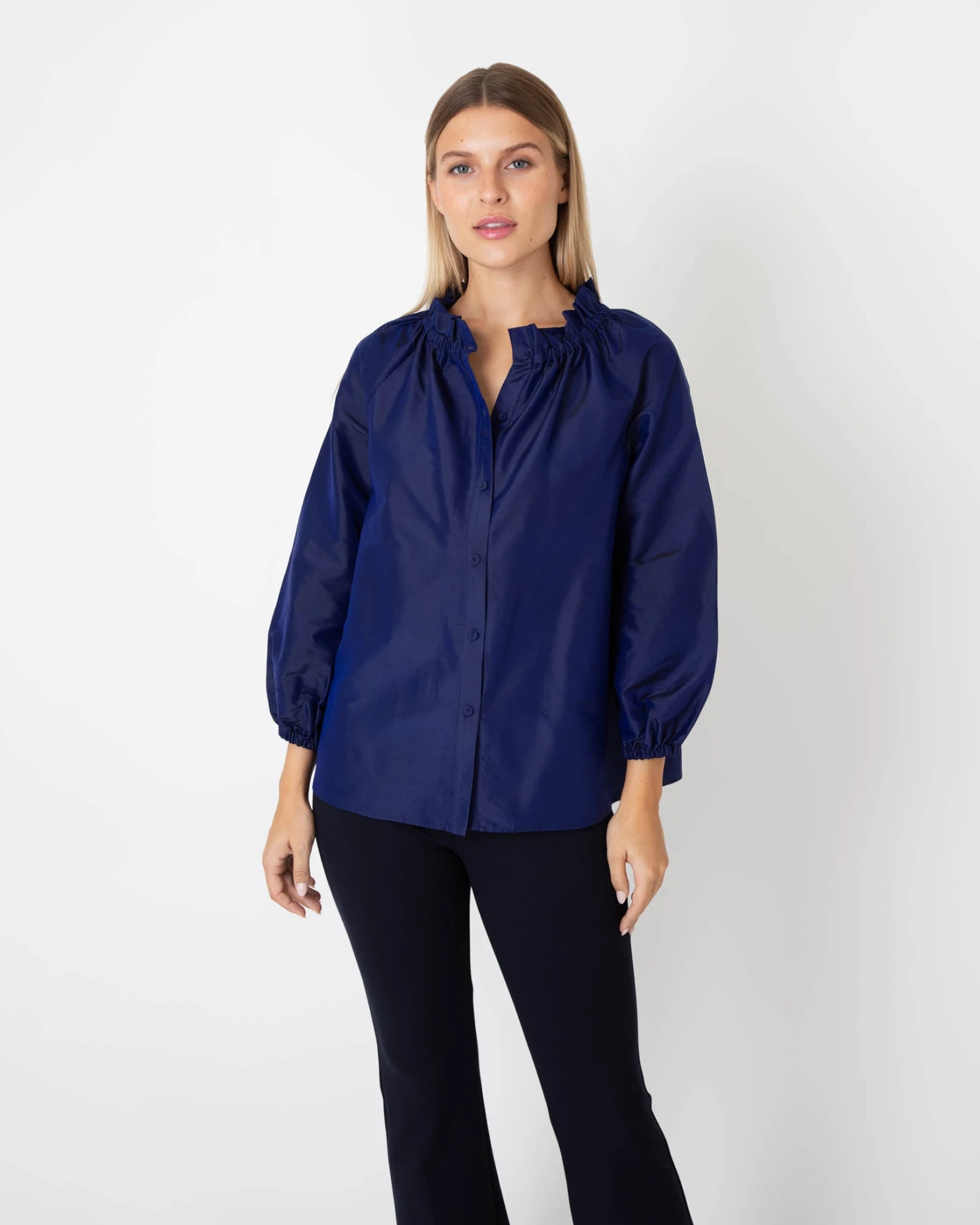 Button-Front Kamille Blouse In Navy Silk Shantung - Image 3