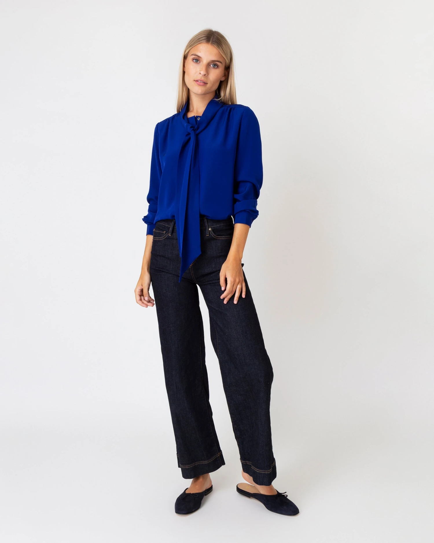 Tie-Neck Blouse In Sapphire Silk Crepe De Chine - Image 2