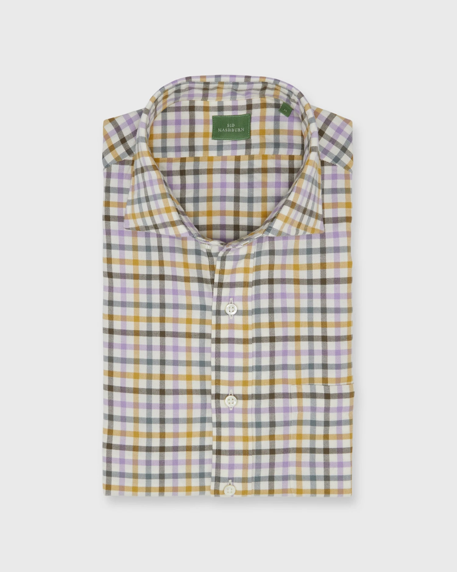 Spread Collar Sport Shirt In Lavender/Scotch/Brown Tattersall Twill