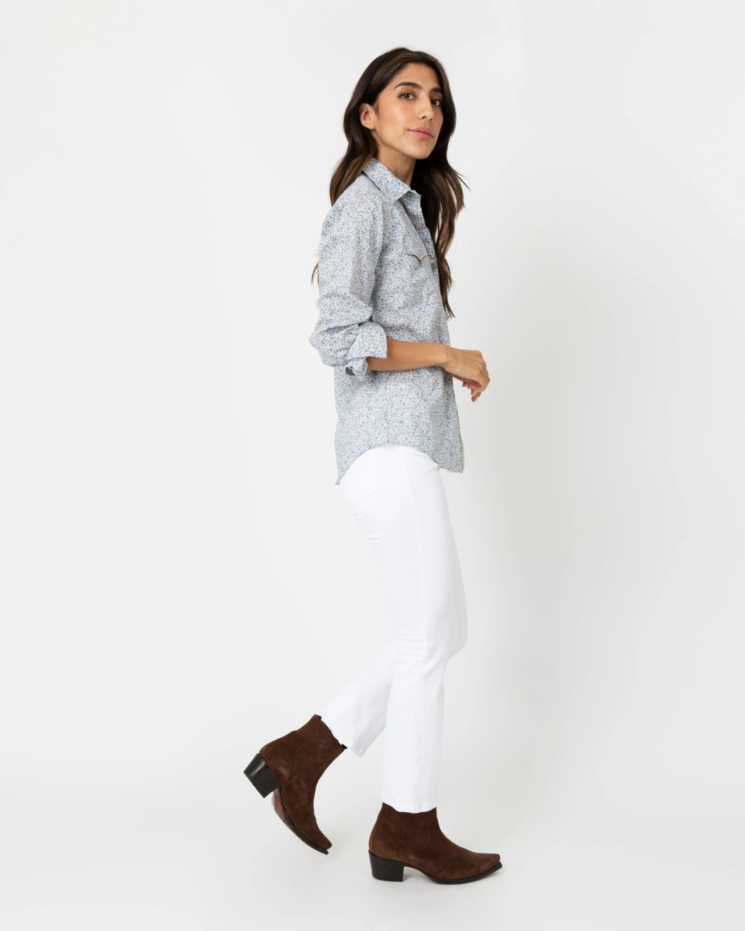 Western Shirt In Steel Blue Multi Hannah Rose Liberty Fabric - Image 4