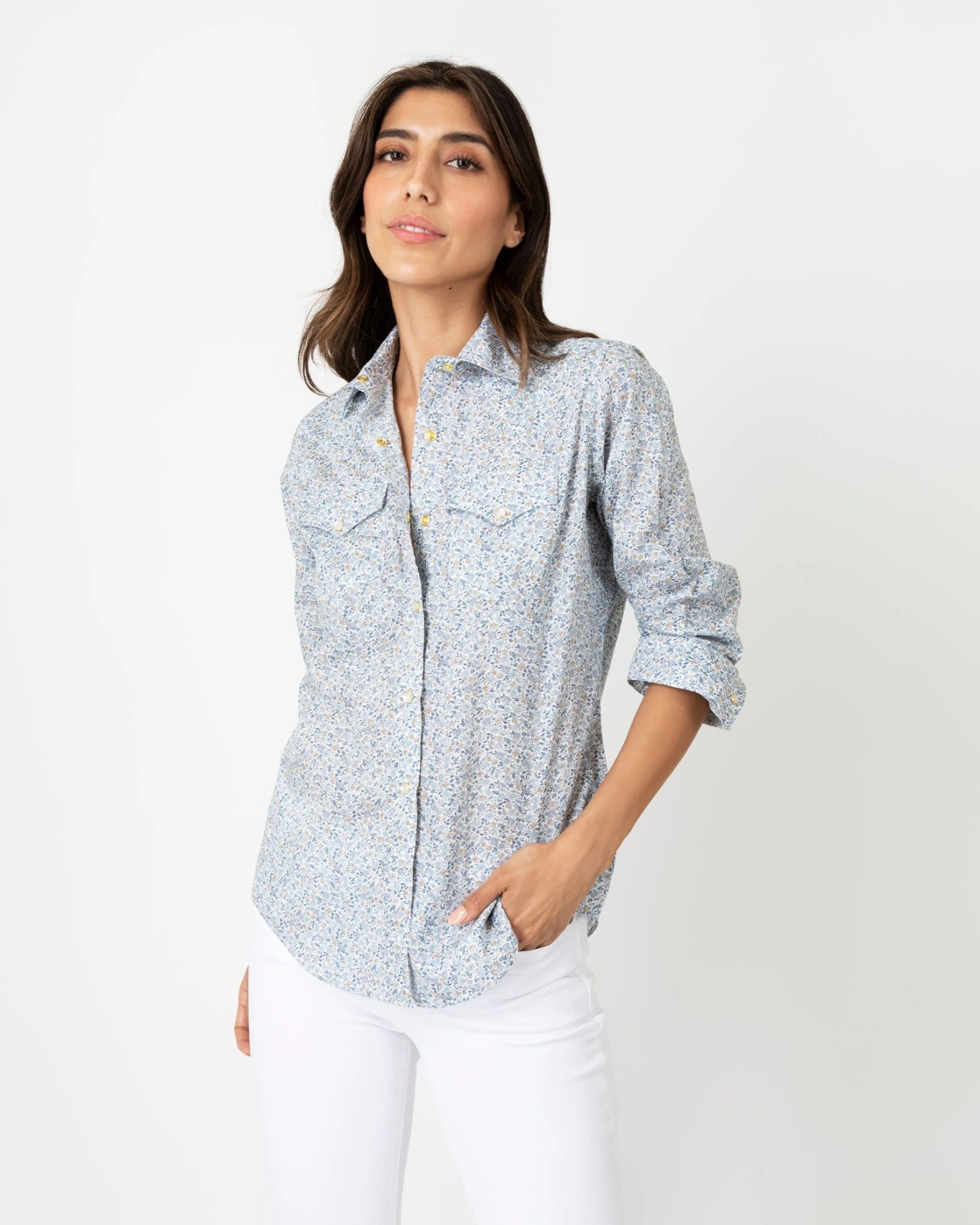 Western Shirt In Steel Blue Multi Hannah Rose Liberty Fabric - Image 2