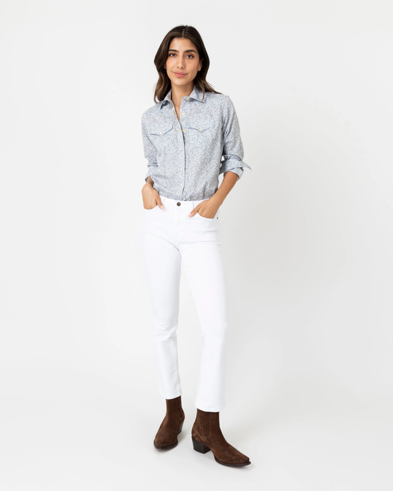 Western Shirt In Steel Blue Multi Hannah Rose Liberty Fabric - Image 6