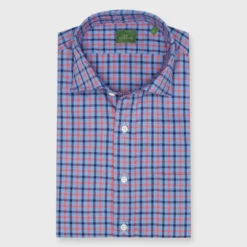 Spread Collar Sport Shirt In Sky/Navy/Watermelon Plaid Oxford