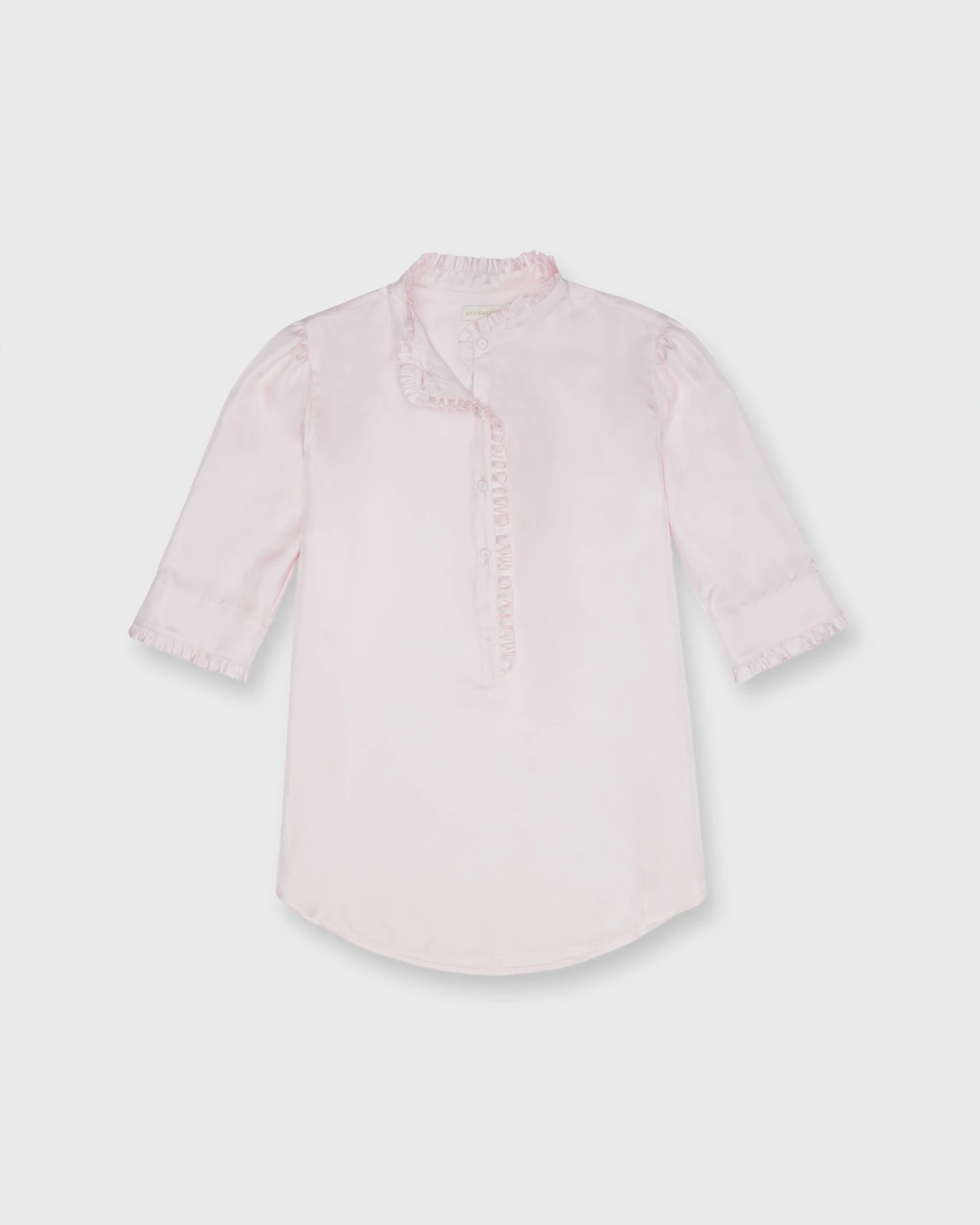 Elbow-Sleeve Frill Blouse In Pale Pink Silk Twill