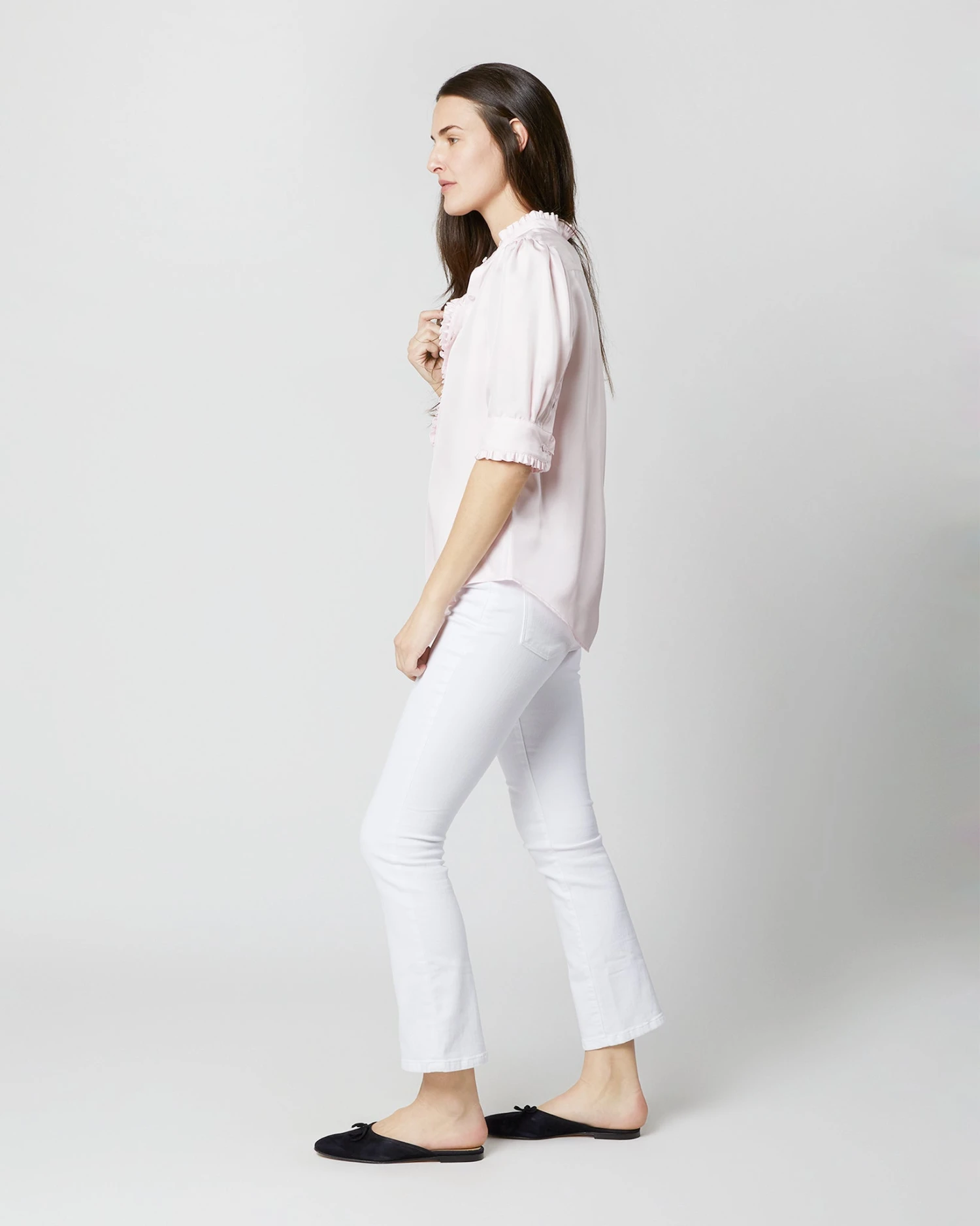 Elbow-Sleeve Frill Blouse In Pale Pink Silk Twill - Image 3