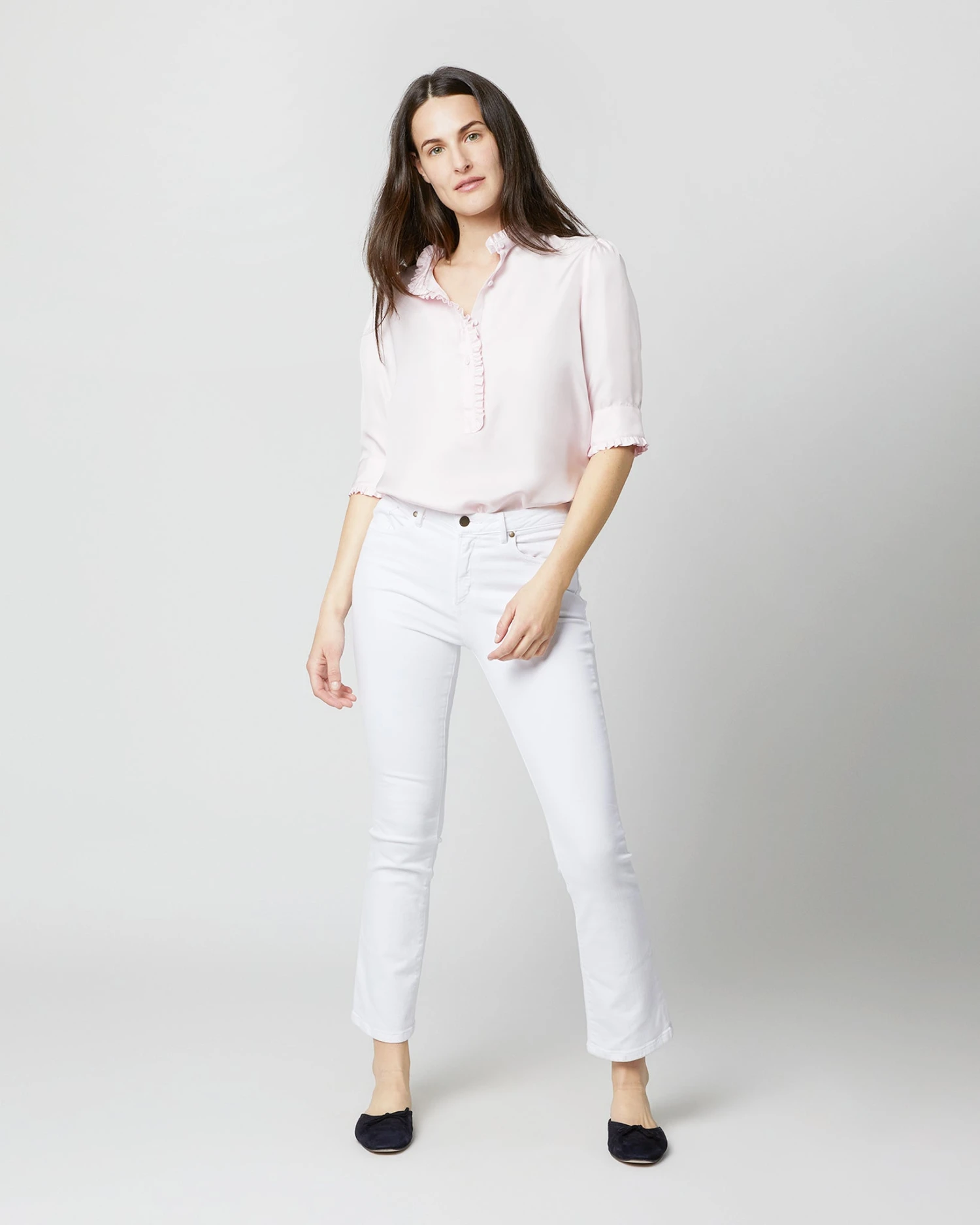 Elbow-Sleeve Frill Blouse In Pale Pink Silk Twill - Image 4