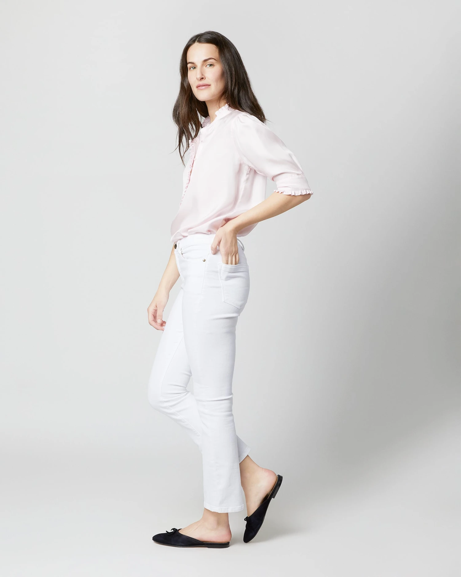 Elbow-Sleeve Frill Blouse In Pale Pink Silk Twill - Image 5