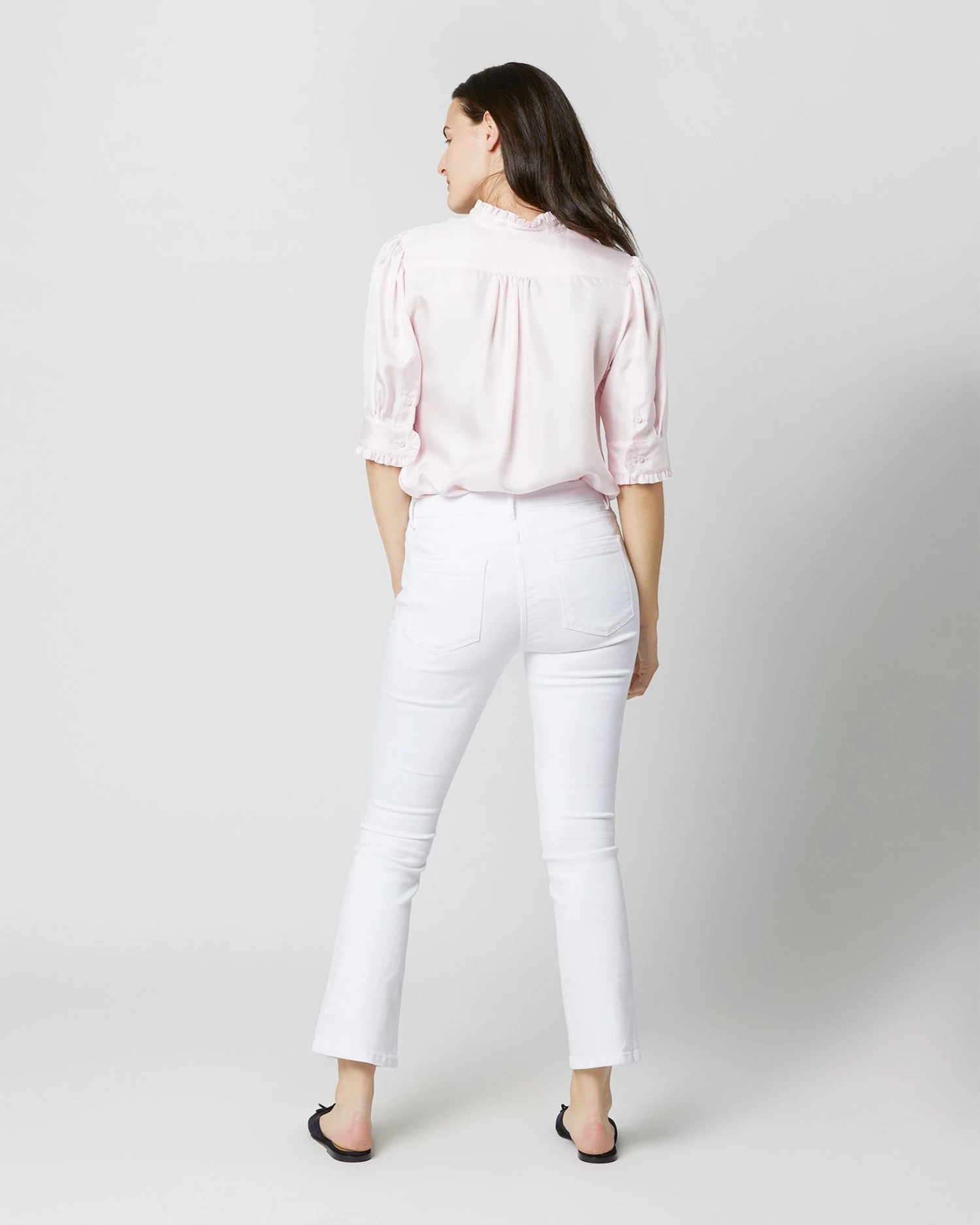 Elbow-Sleeve Frill Blouse In Pale Pink Silk Twill - Image 6
