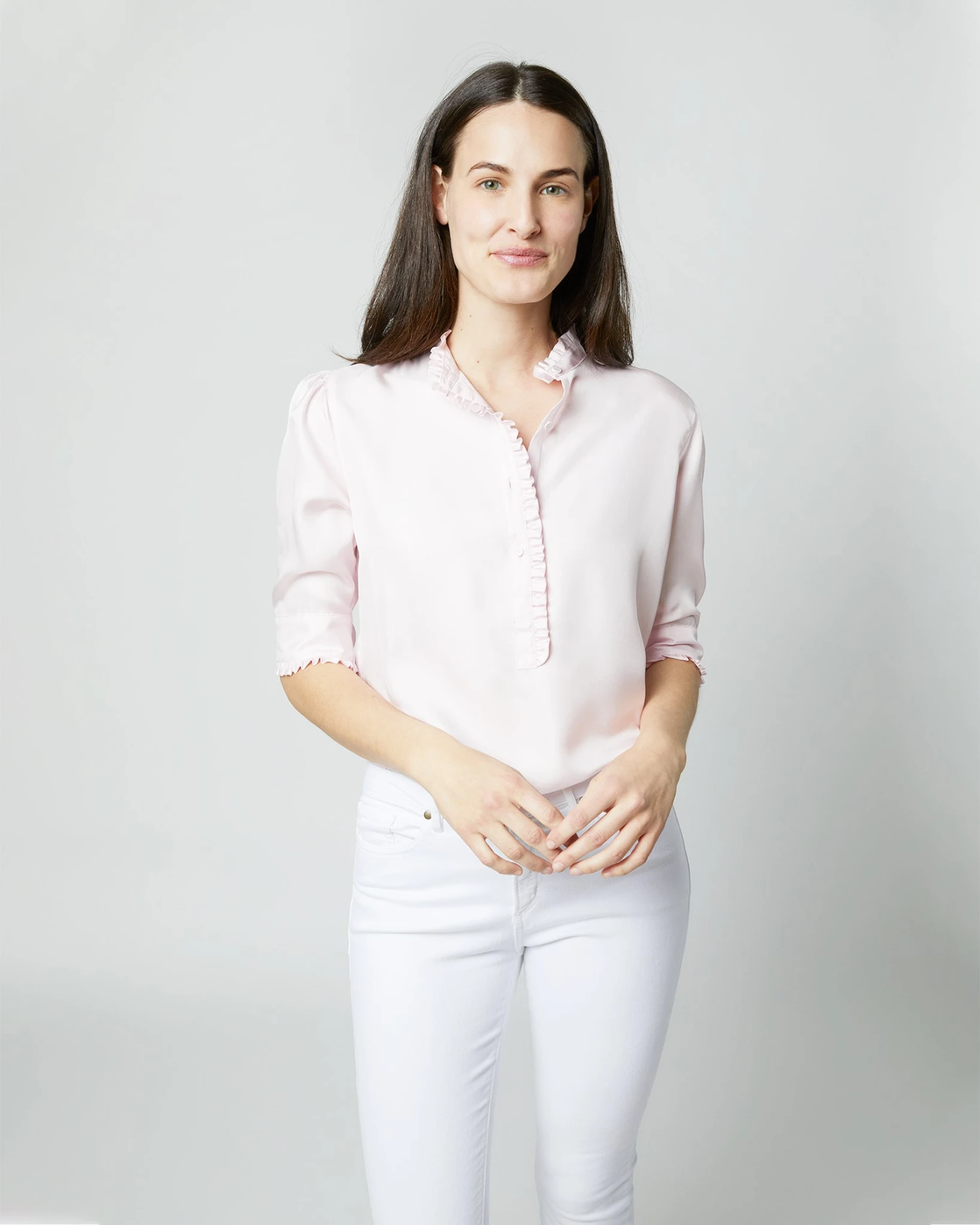 Elbow-Sleeve Frill Blouse In Pale Pink Silk Twill - Image 7