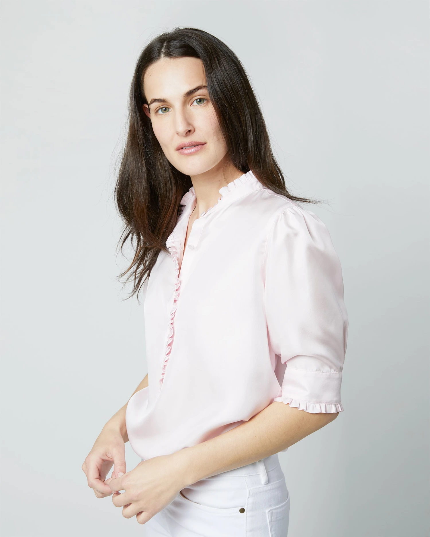 Elbow-Sleeve Frill Blouse In Pale Pink Silk Twill - Image 8