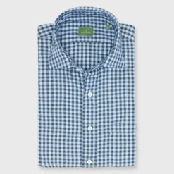 Spread Collar Sport Shirt In Olive/Sky Gingham Twill