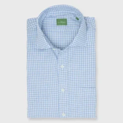 Spread Collar Sport Shirt In Sky Gingham Brushed Twill