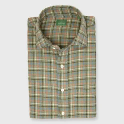 Spread Collar Sport Shirt In Olive/Blue/Nantucket Tattersall Flannel