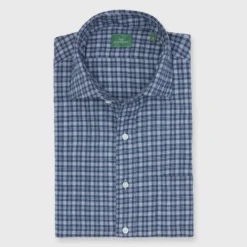 Spread Collar Sport Shirt In Grey/Hunter/Navy Check Brushed Twill