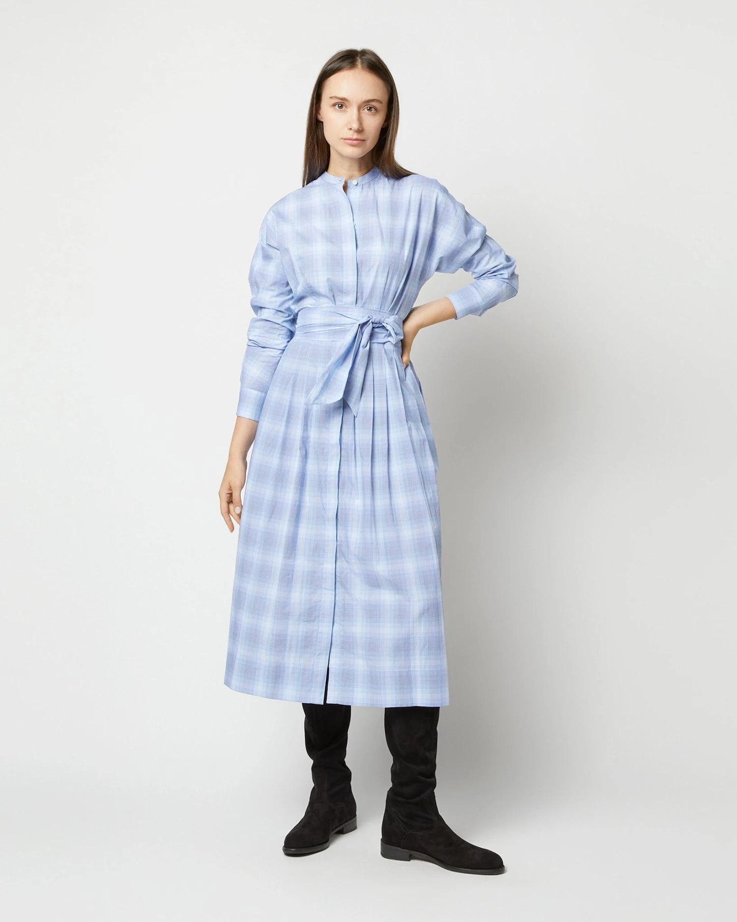 Kimono Shirtwaist Dress In Blue Multi Check Plaid Poplin