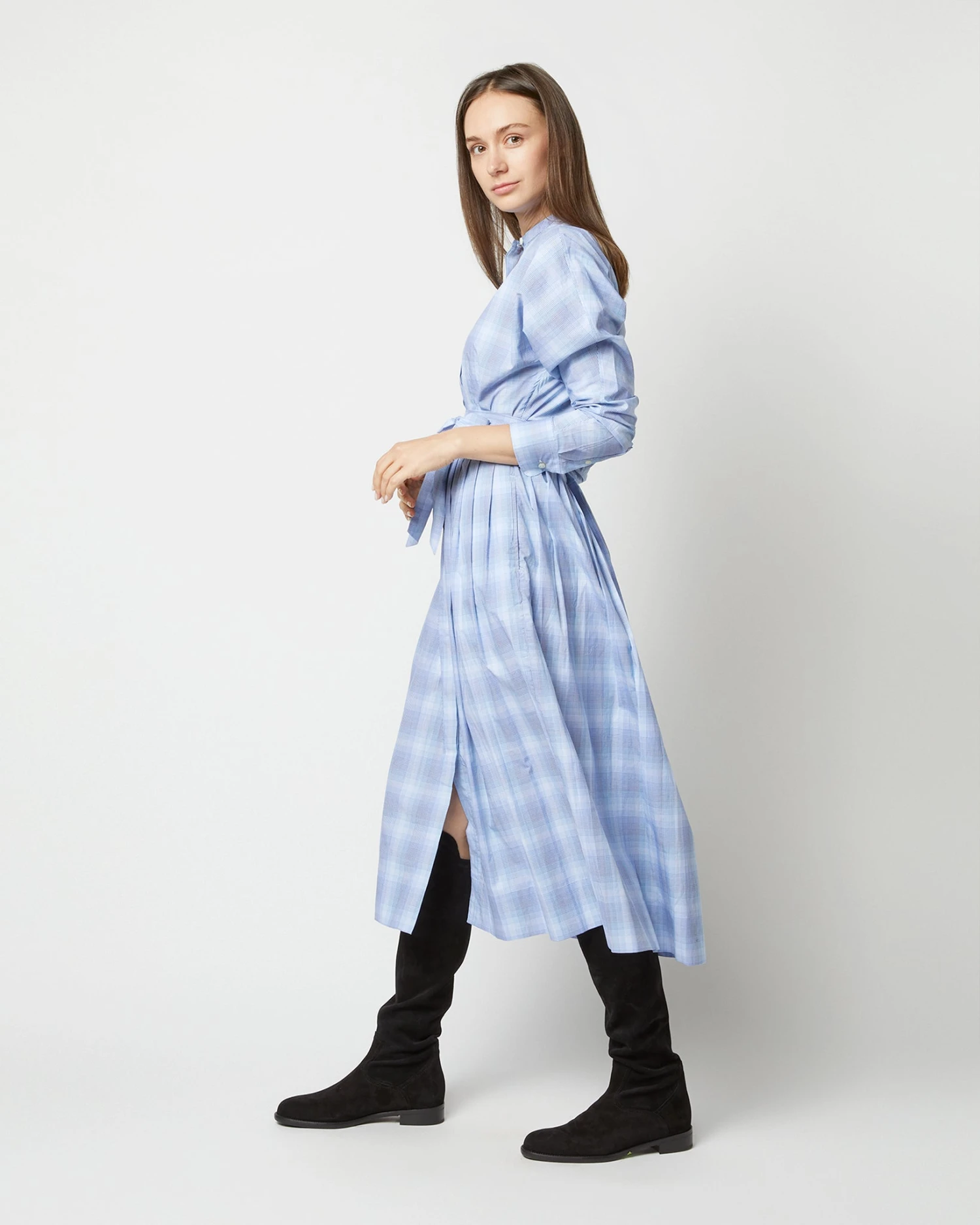 Kimono Shirtwaist Dress In Blue Multi Check Plaid Poplin - Image 3