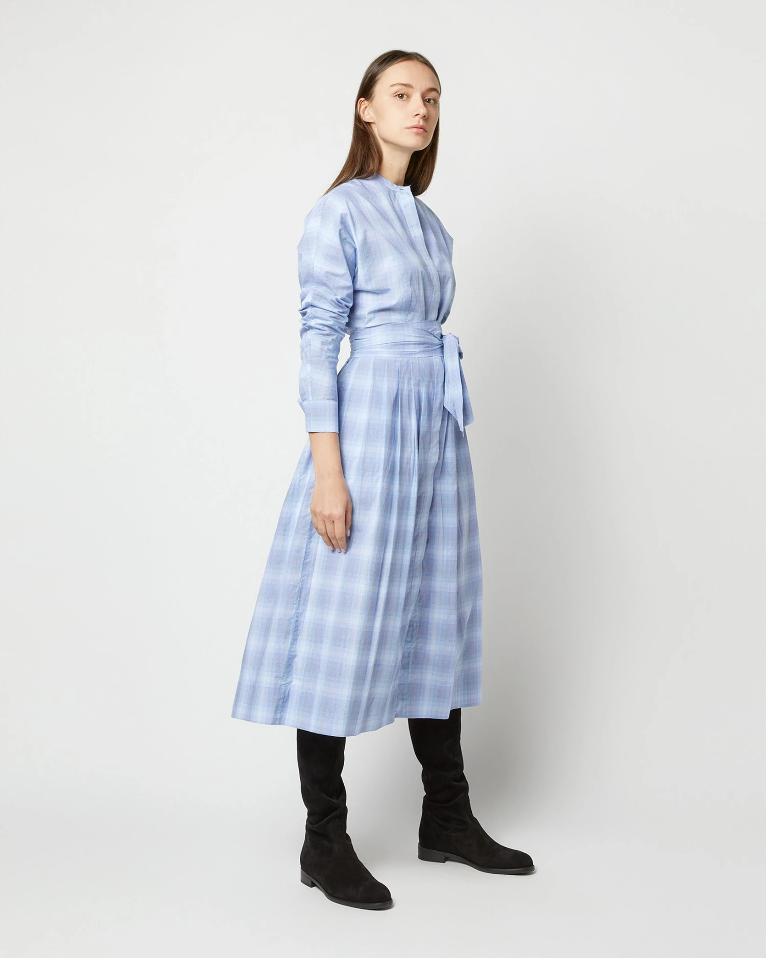 Kimono Shirtwaist Dress In Blue Multi Check Plaid Poplin - Image 4