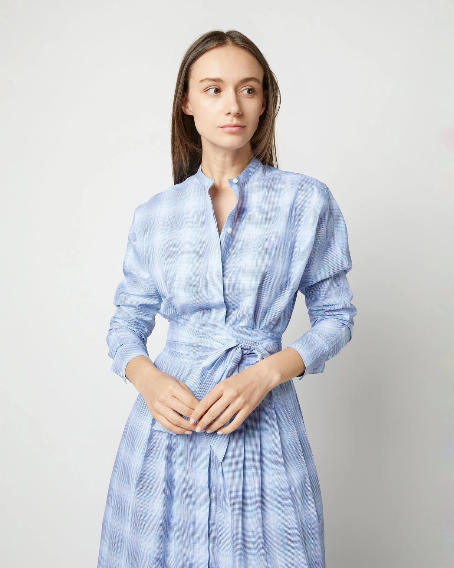 Kimono Shirtwaist Dress In Blue Multi Check Plaid Poplin - Image 2