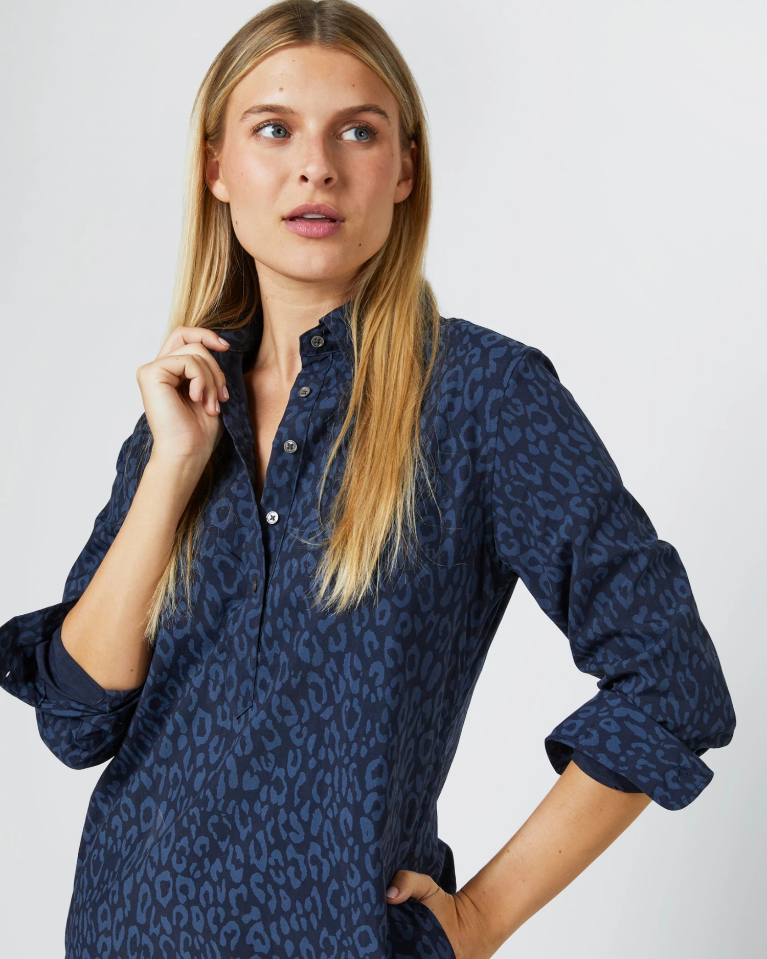 Long-Sleeved Popover Dress In Blue/Navy Leopard Print Nylon - Image 2