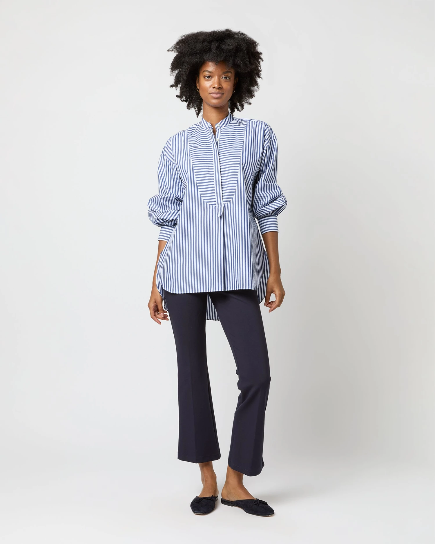 Indira Bib-Front Tunic In Navy Awning Stripe Poplin