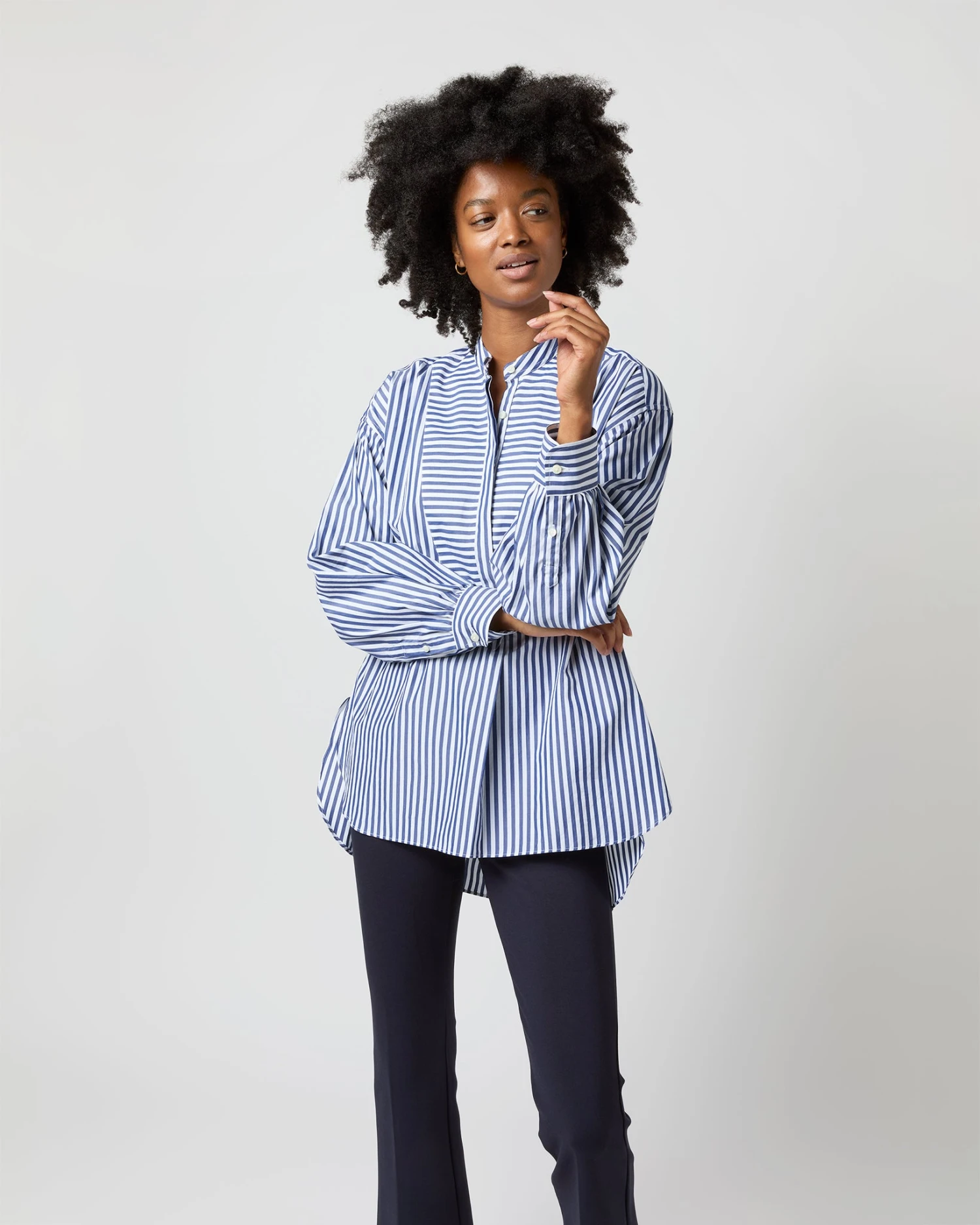 Indira Bib-Front Tunic In Navy Awning Stripe Poplin - Image 6