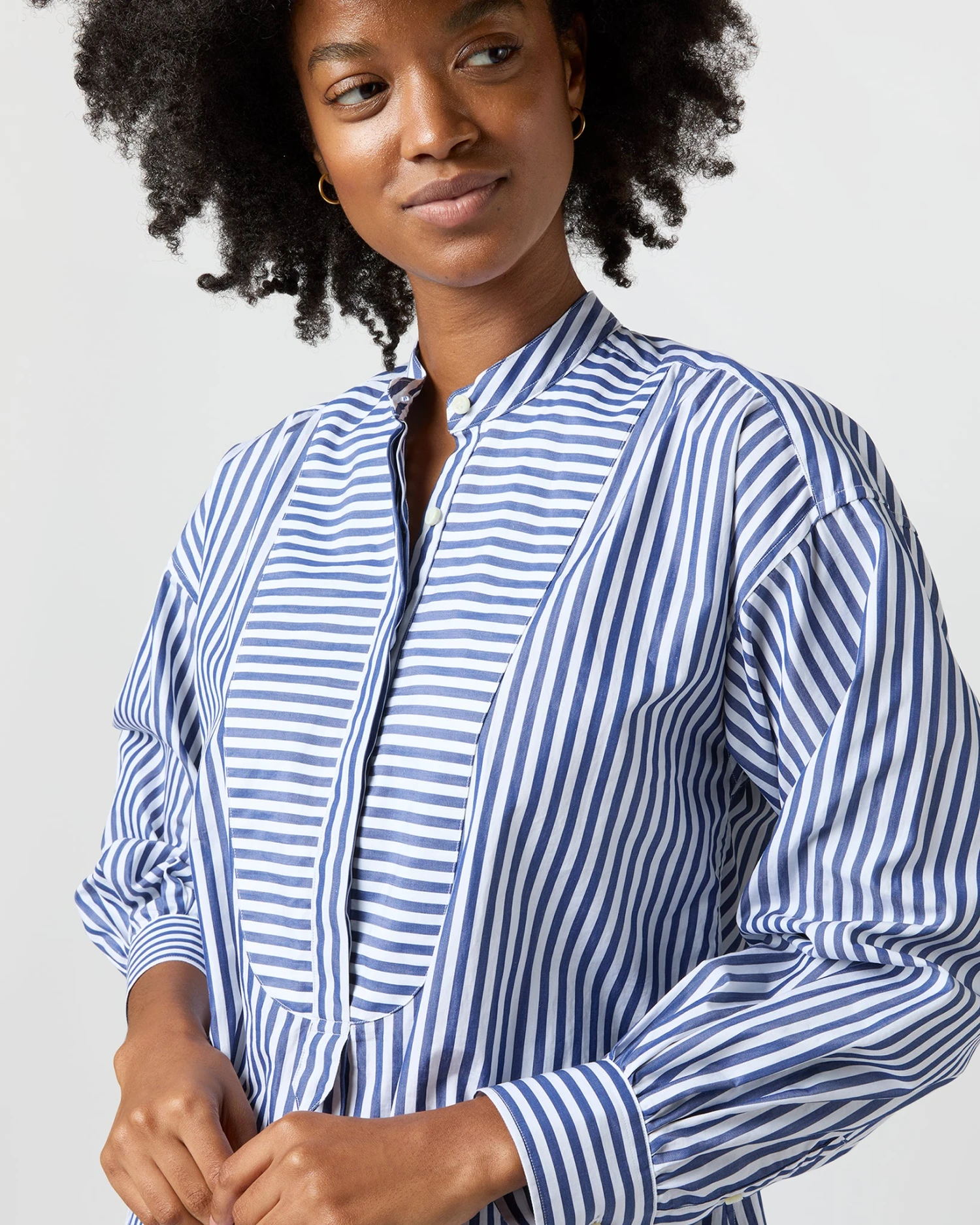 Indira Bib-Front Tunic In Navy Awning Stripe Poplin - Image 2
