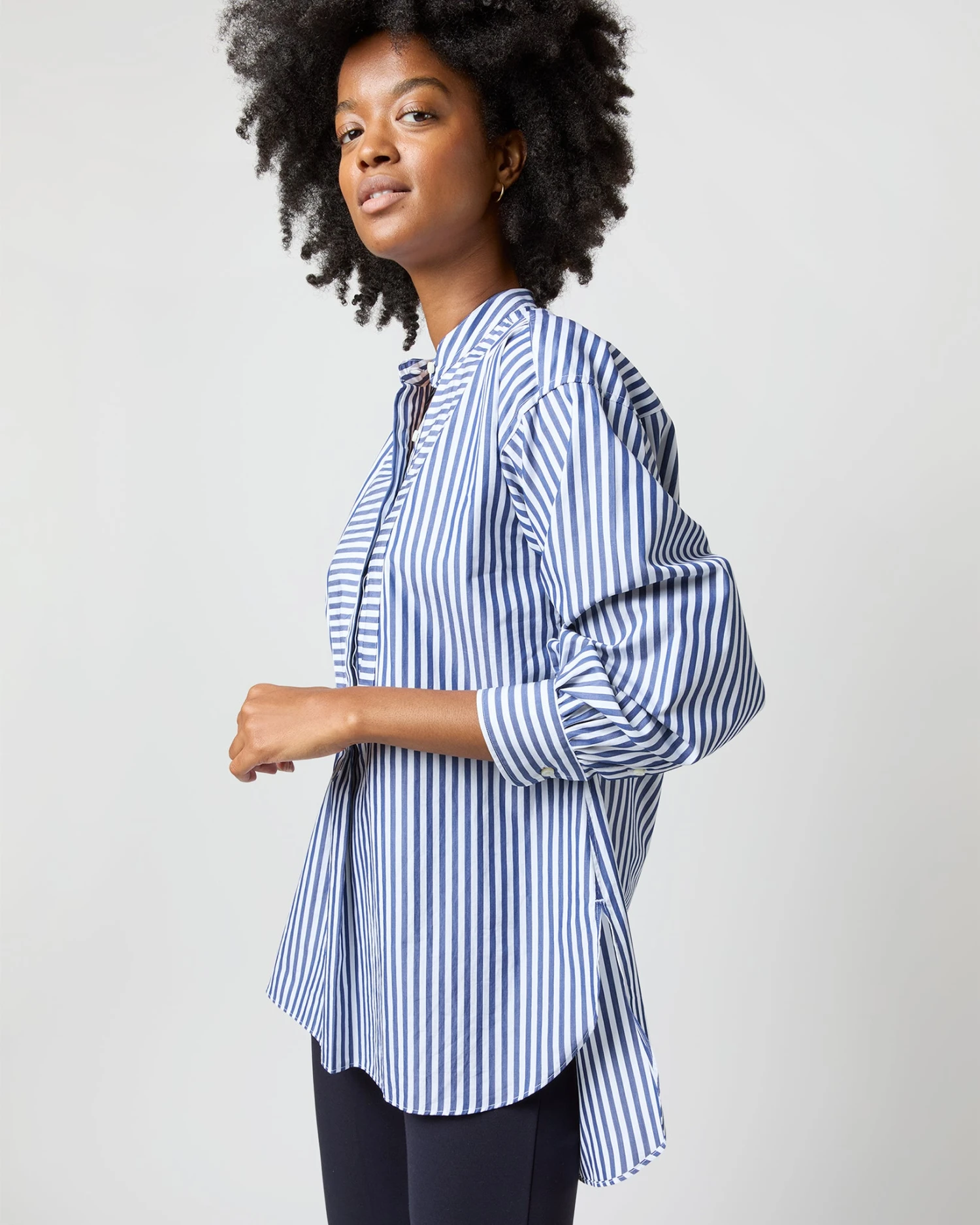 Indira Bib-Front Tunic In Navy Awning Stripe Poplin - Image 7