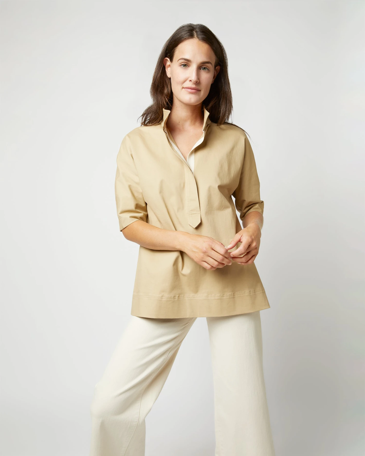 Soleil Shirt In Khaki Stretch Sateen - Image 2