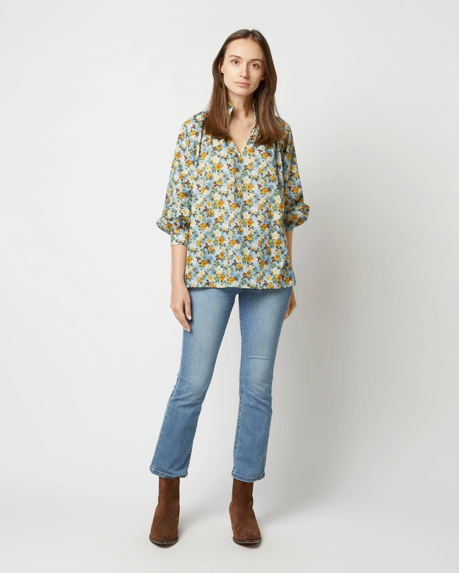 Long-Sleeved Maeve Smocking Top In Blue/Gold Nysa Liberty Fabric