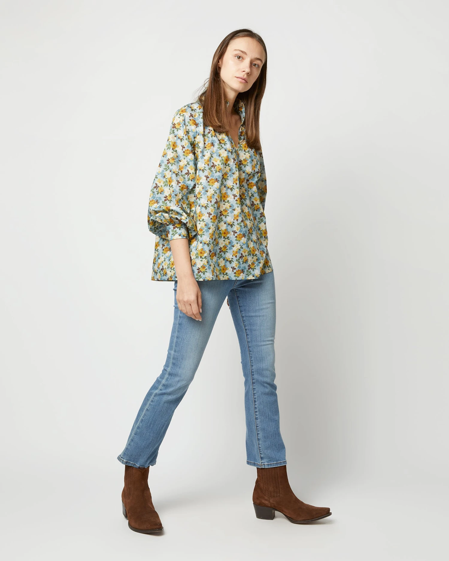 Long-Sleeved Maeve Smocking Top In Blue/Gold Nysa Liberty Fabric - Image 3