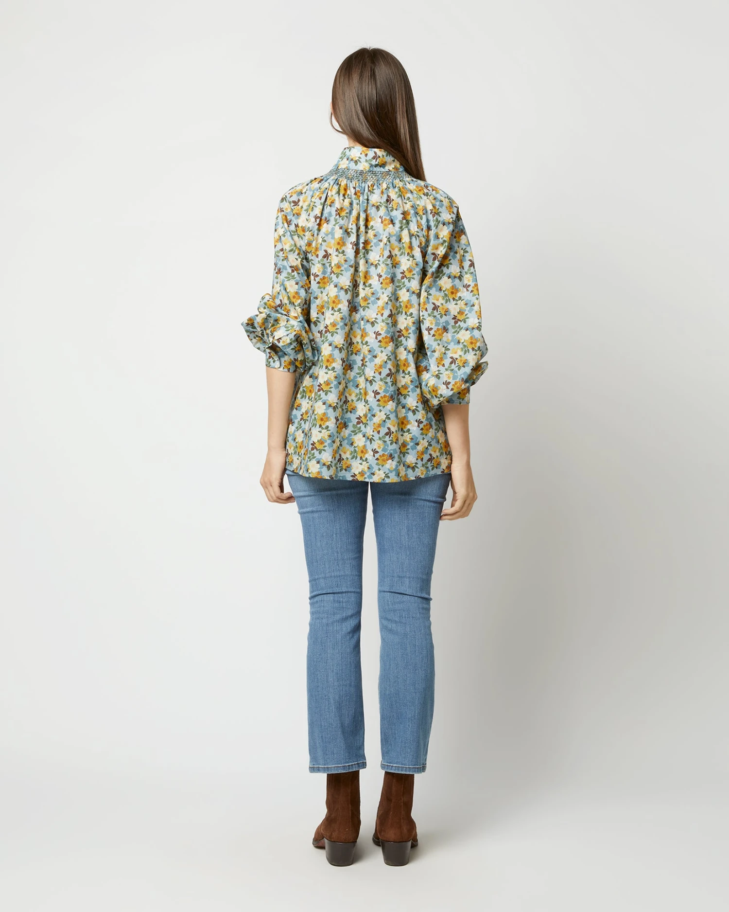 Long-Sleeved Maeve Smocking Top In Blue/Gold Nysa Liberty Fabric - Image 6