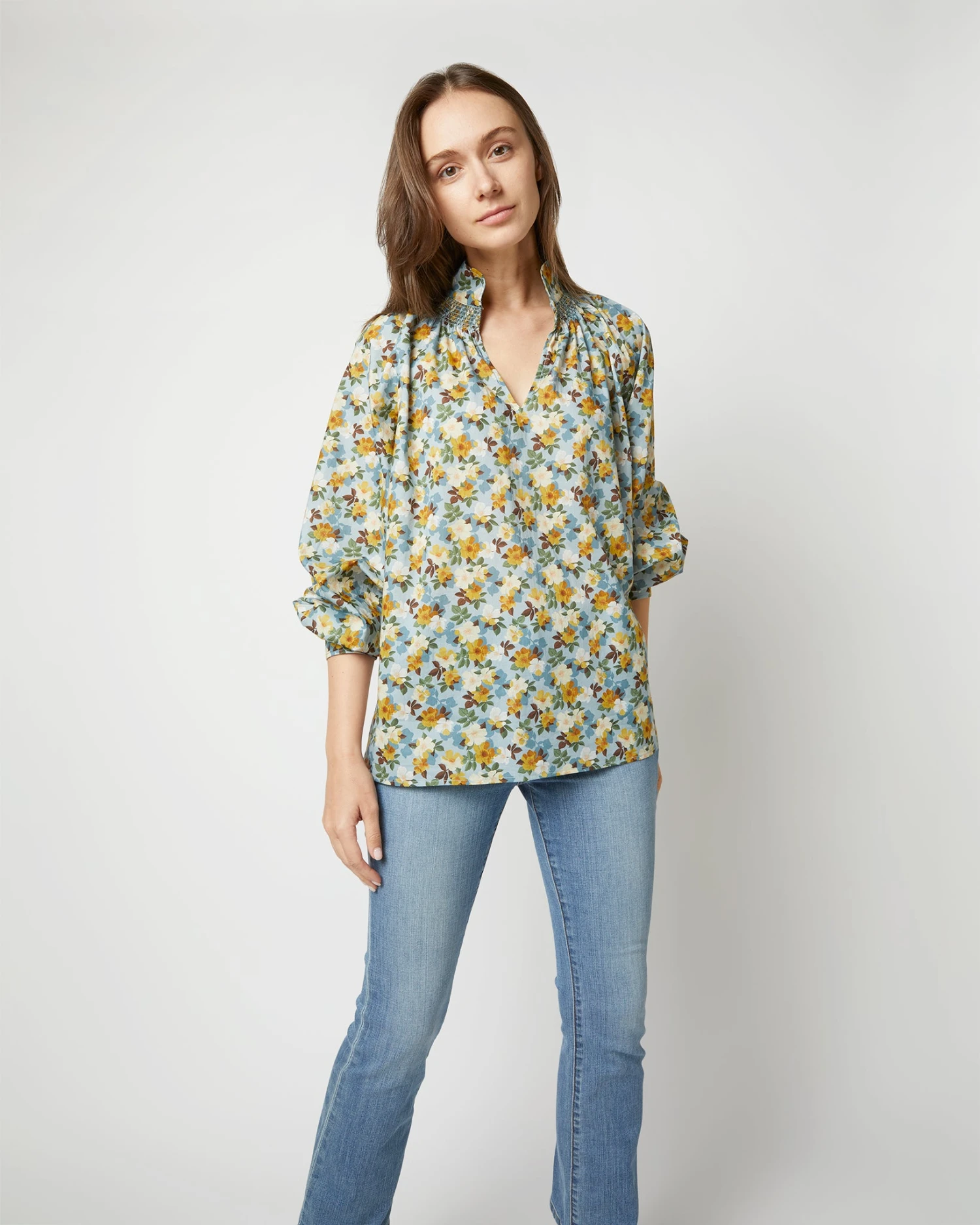 Long-Sleeved Maeve Smocking Top In Blue/Gold Nysa Liberty Fabric - Image 5
