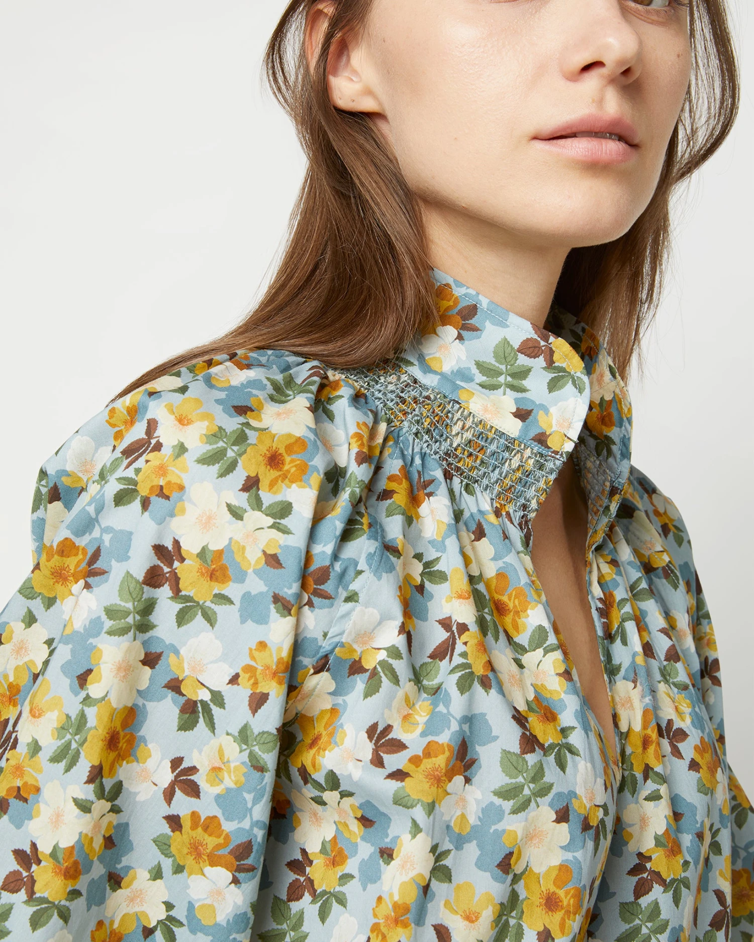 Long-Sleeved Maeve Smocking Top In Blue/Gold Nysa Liberty Fabric - Image 2