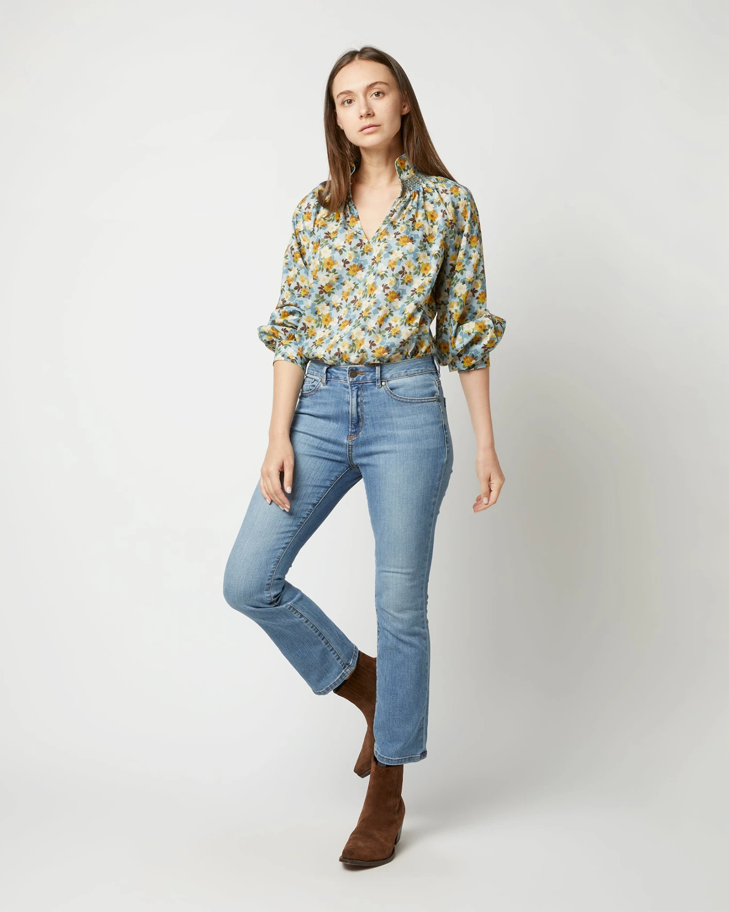 Long-Sleeved Maeve Smocking Top In Blue/Gold Nysa Liberty Fabric - Image 7