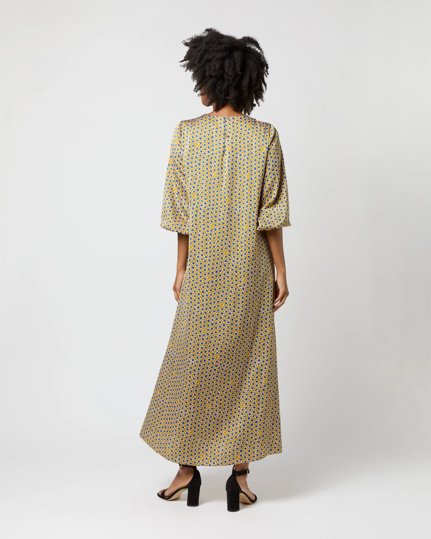 Long-Sleeved Paige Maxi Dress In Gold/Sapphire Sunflower Charmeuse - Image 5
