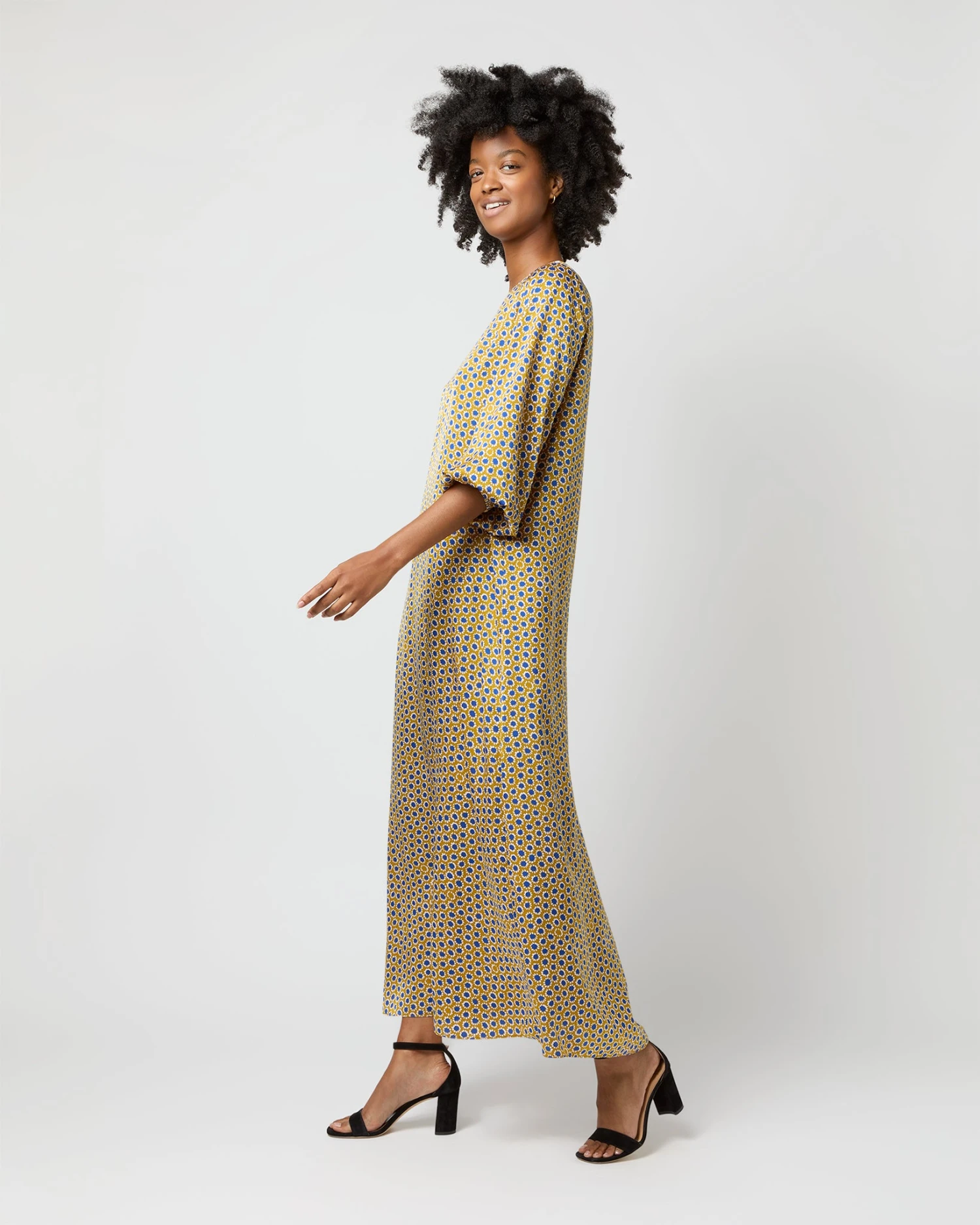 Long-Sleeved Paige Maxi Dress In Gold/Sapphire Sunflower Charmeuse - Image 3