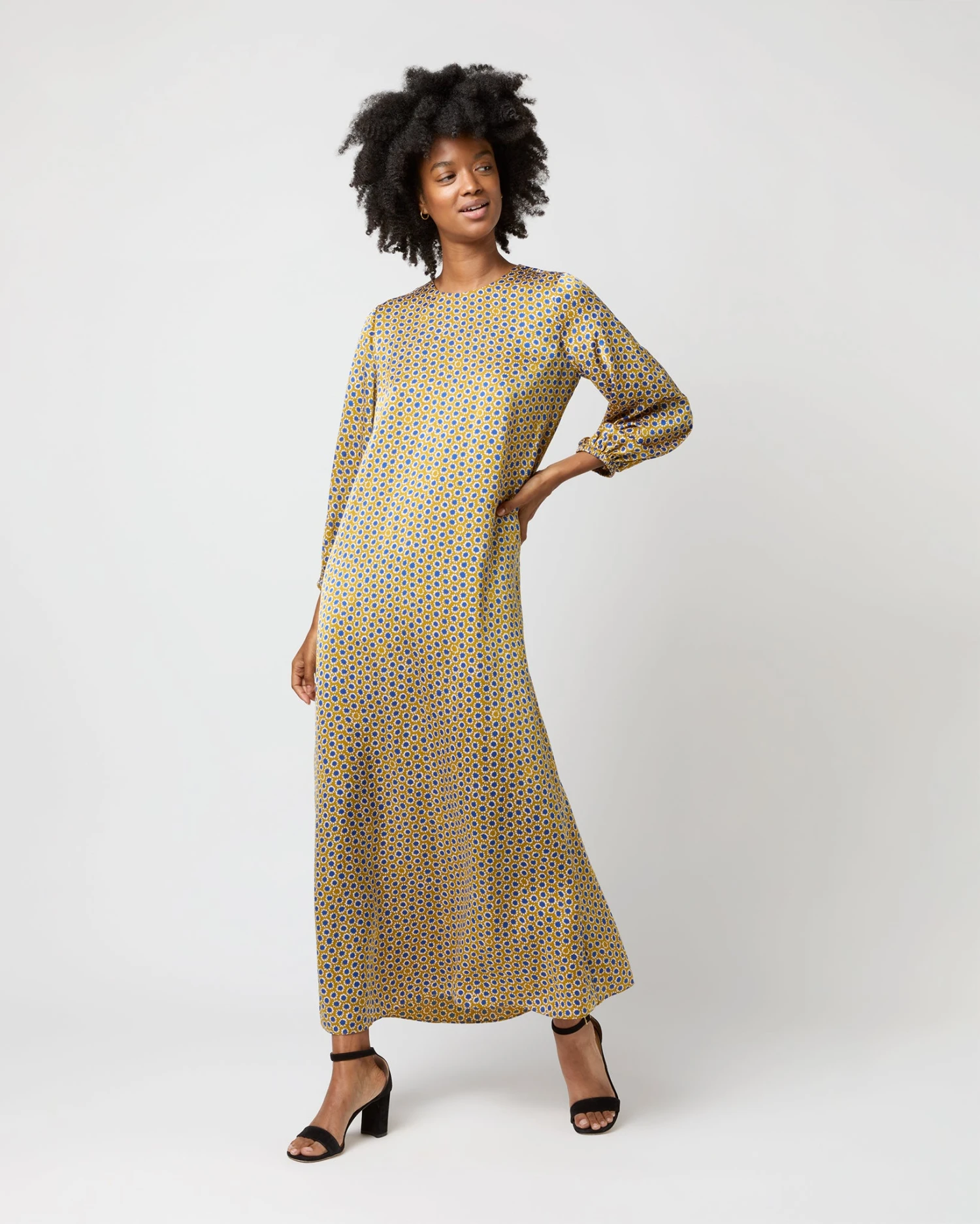 Long-Sleeved Paige Maxi Dress In Gold/Sapphire Sunflower Charmeuse
