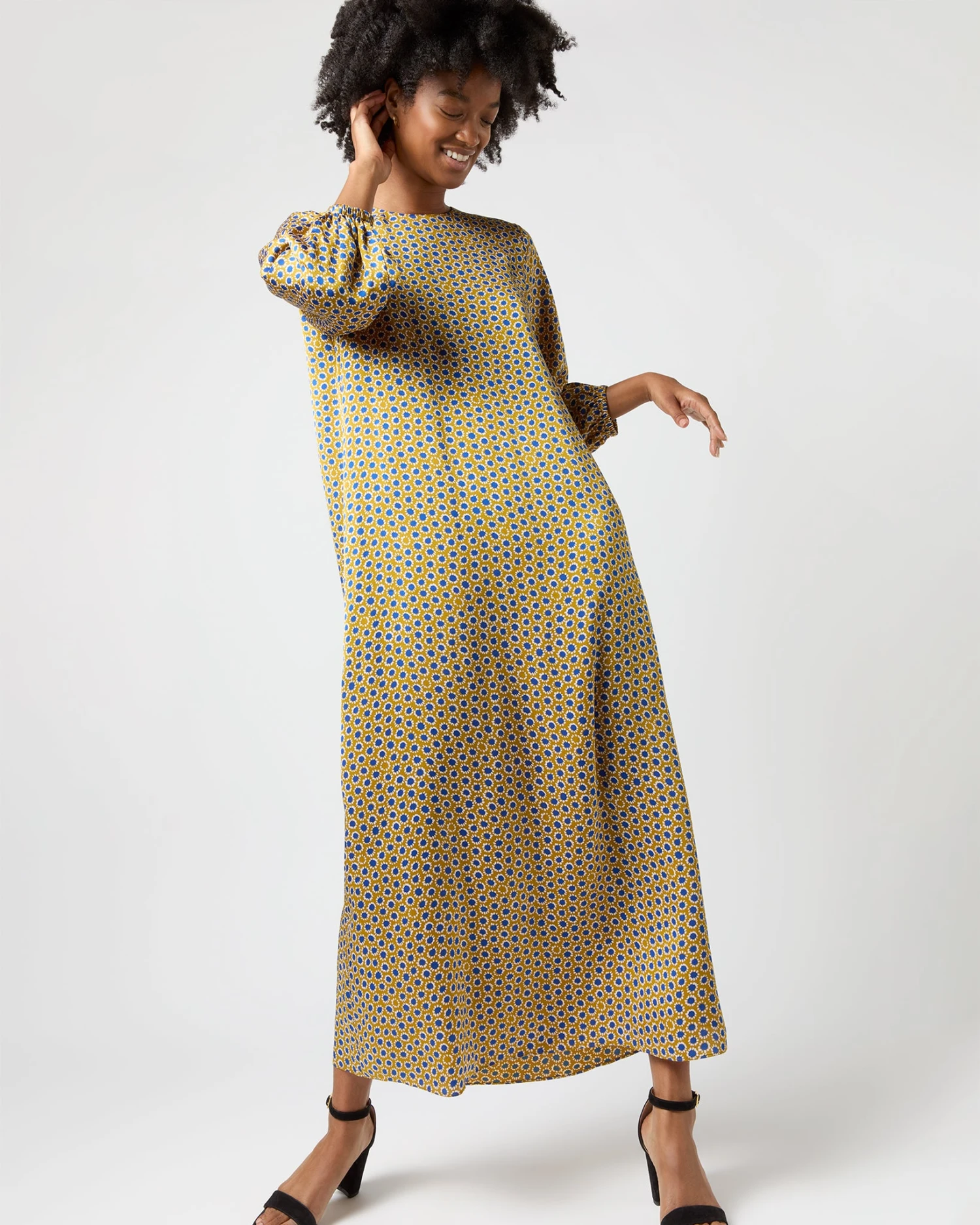 Long-Sleeved Paige Maxi Dress In Gold/Sapphire Sunflower Charmeuse - Image 6