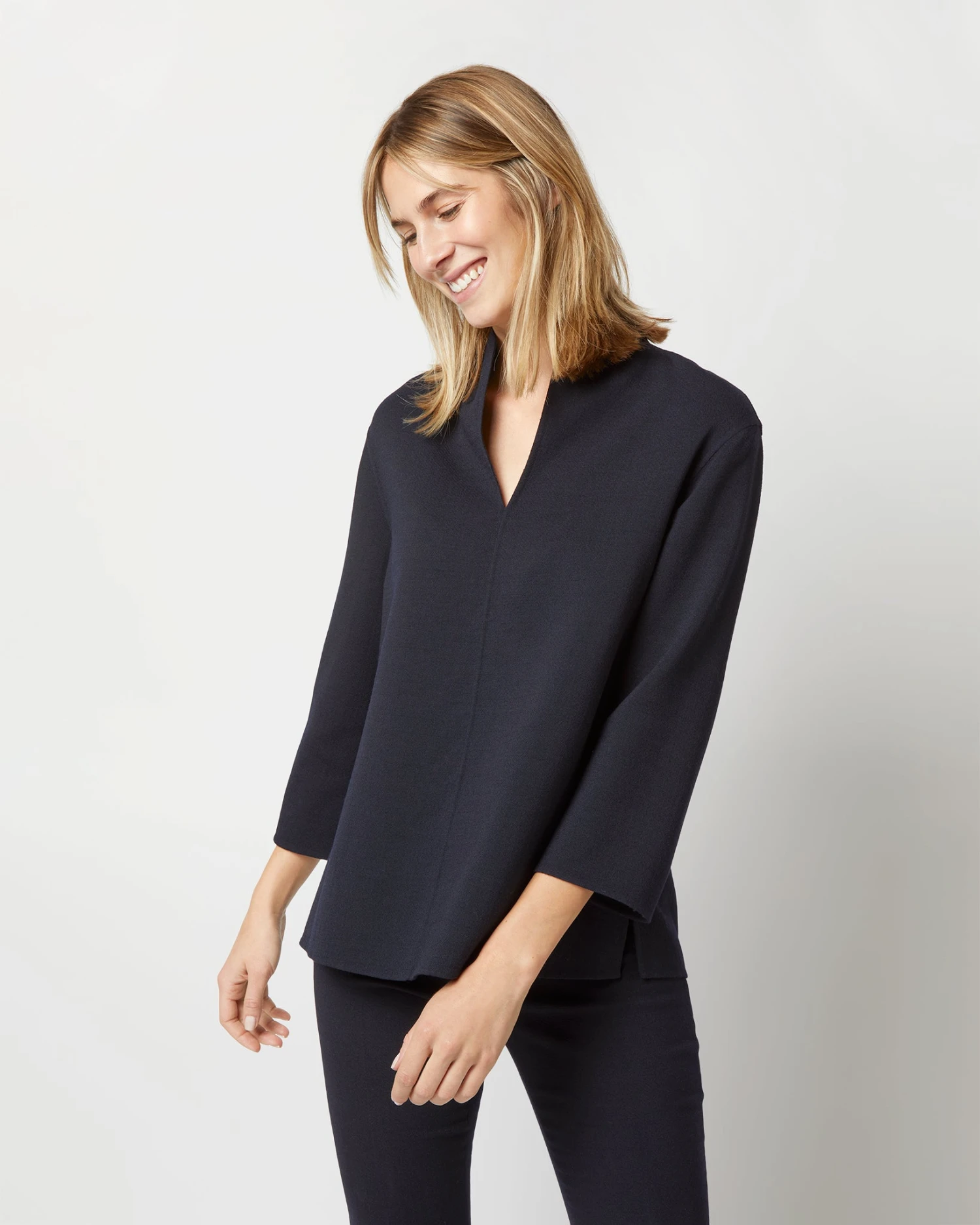 Camilla Top In Navy Double-Weave Wool - Image 2
