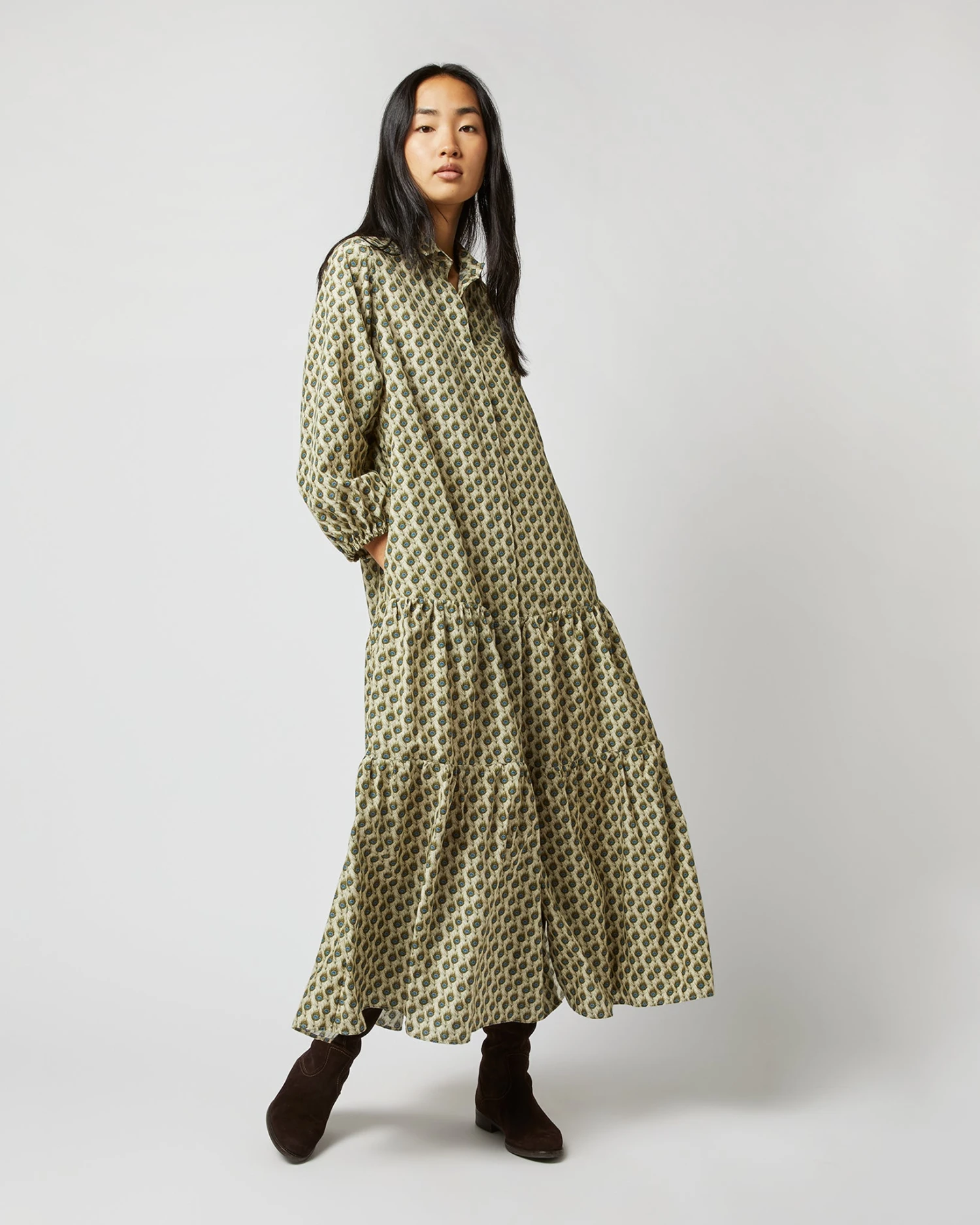 Isla Shirtdress In Ivory Multi Peacock Feathers Habotai