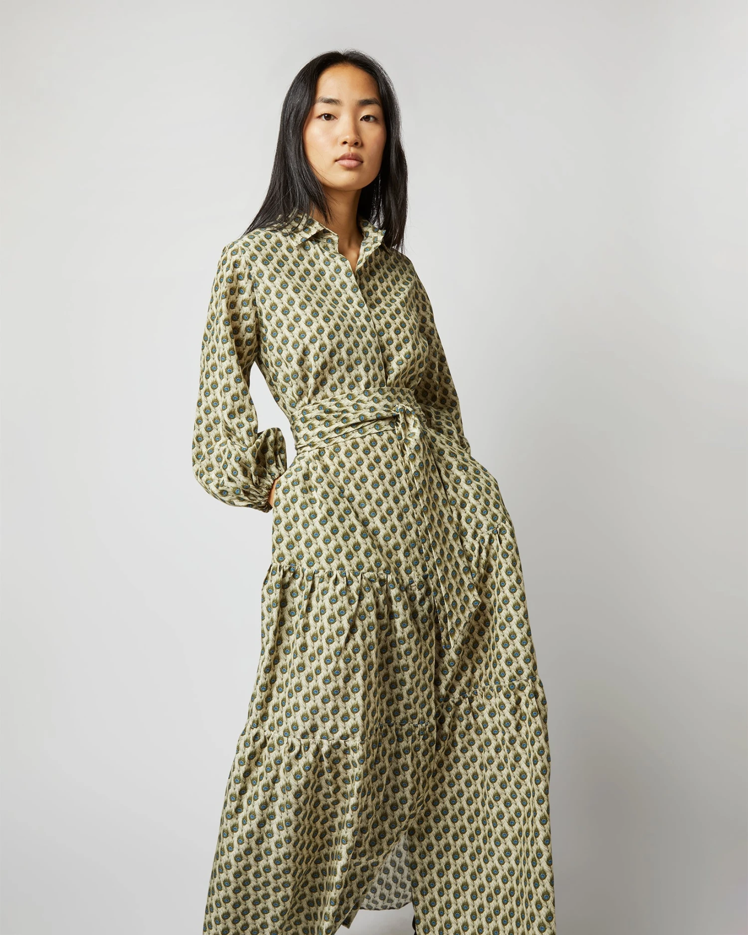 Isla Shirtdress In Ivory Multi Peacock Feathers Habotai - Image 2