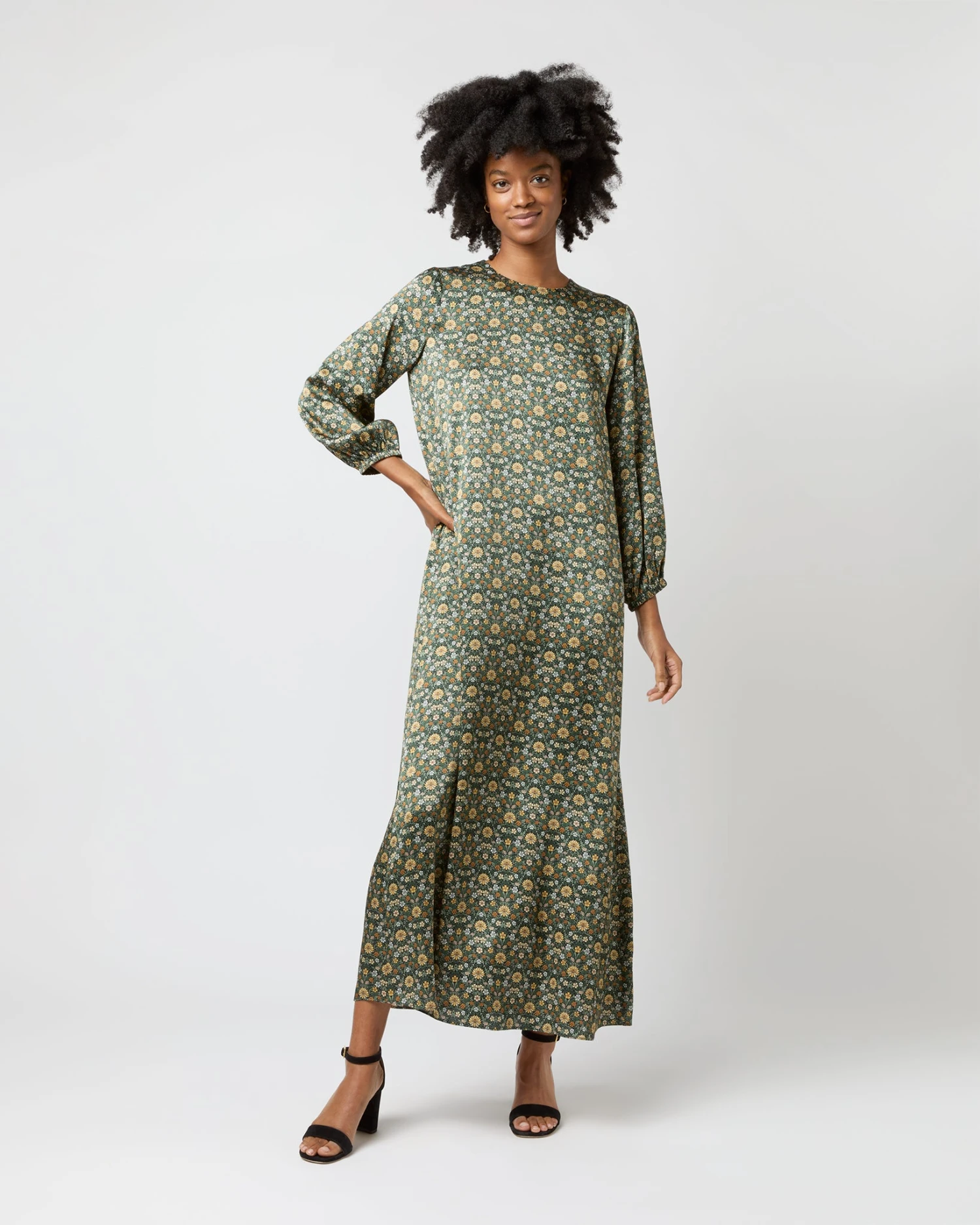 Long-Sleeved Paige Maxi Dress In Hunter/Gold Moon Flower Liberty Fabric Silk