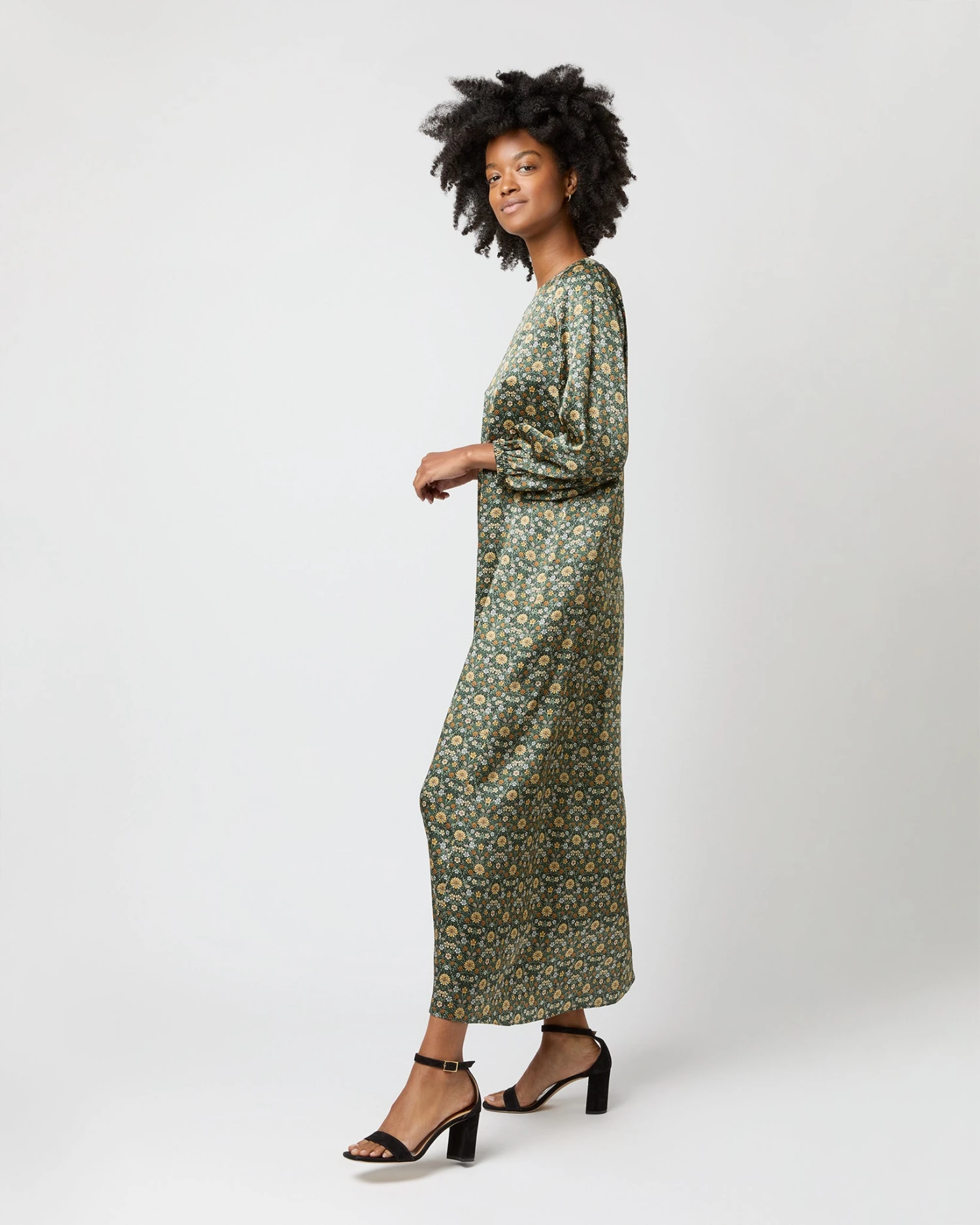 Long-Sleeved Paige Maxi Dress In Hunter/Gold Moon Flower Liberty Fabric Silk - Image 3