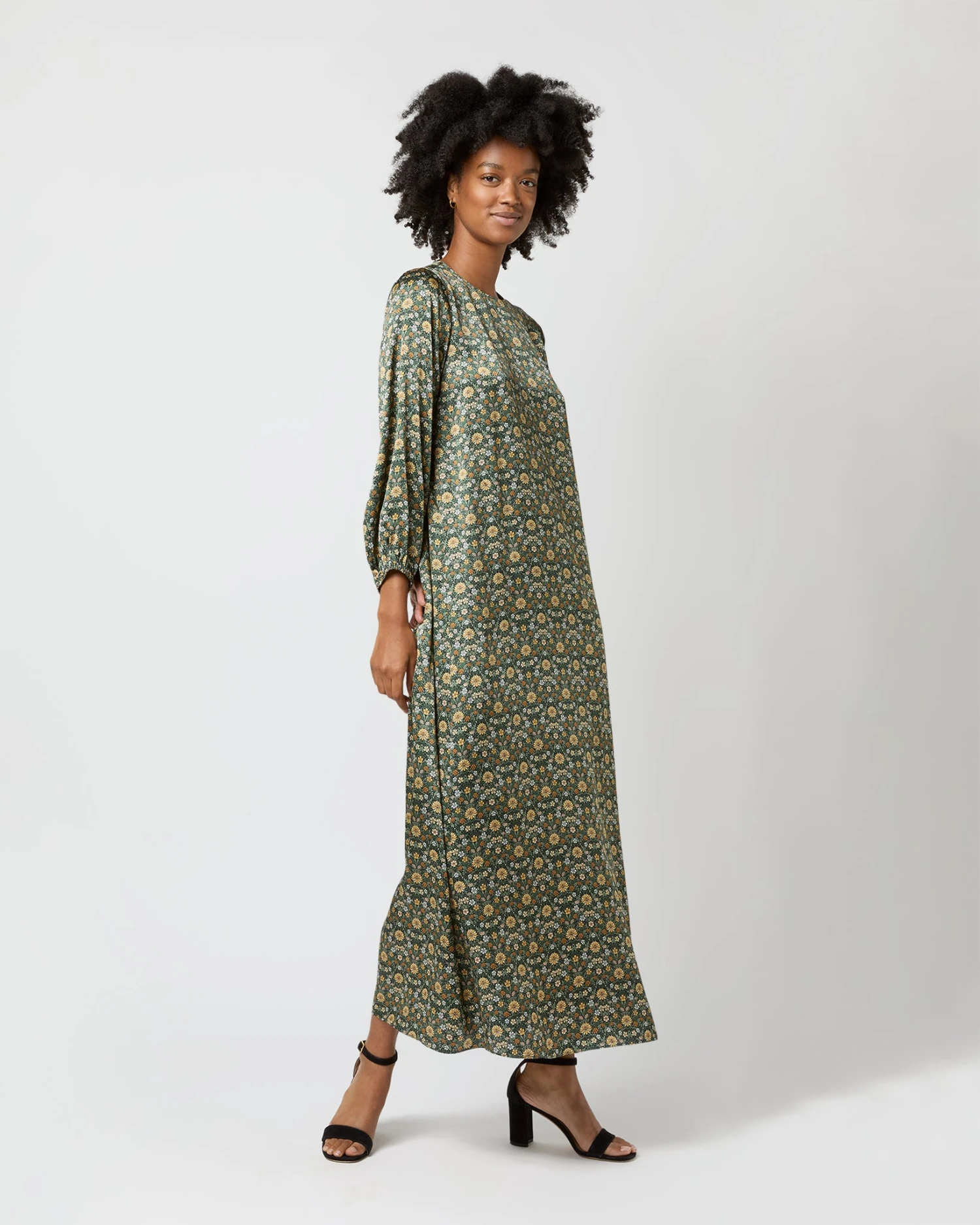 Long-Sleeved Paige Maxi Dress In Hunter/Gold Moon Flower Liberty Fabric Silk - Image 4