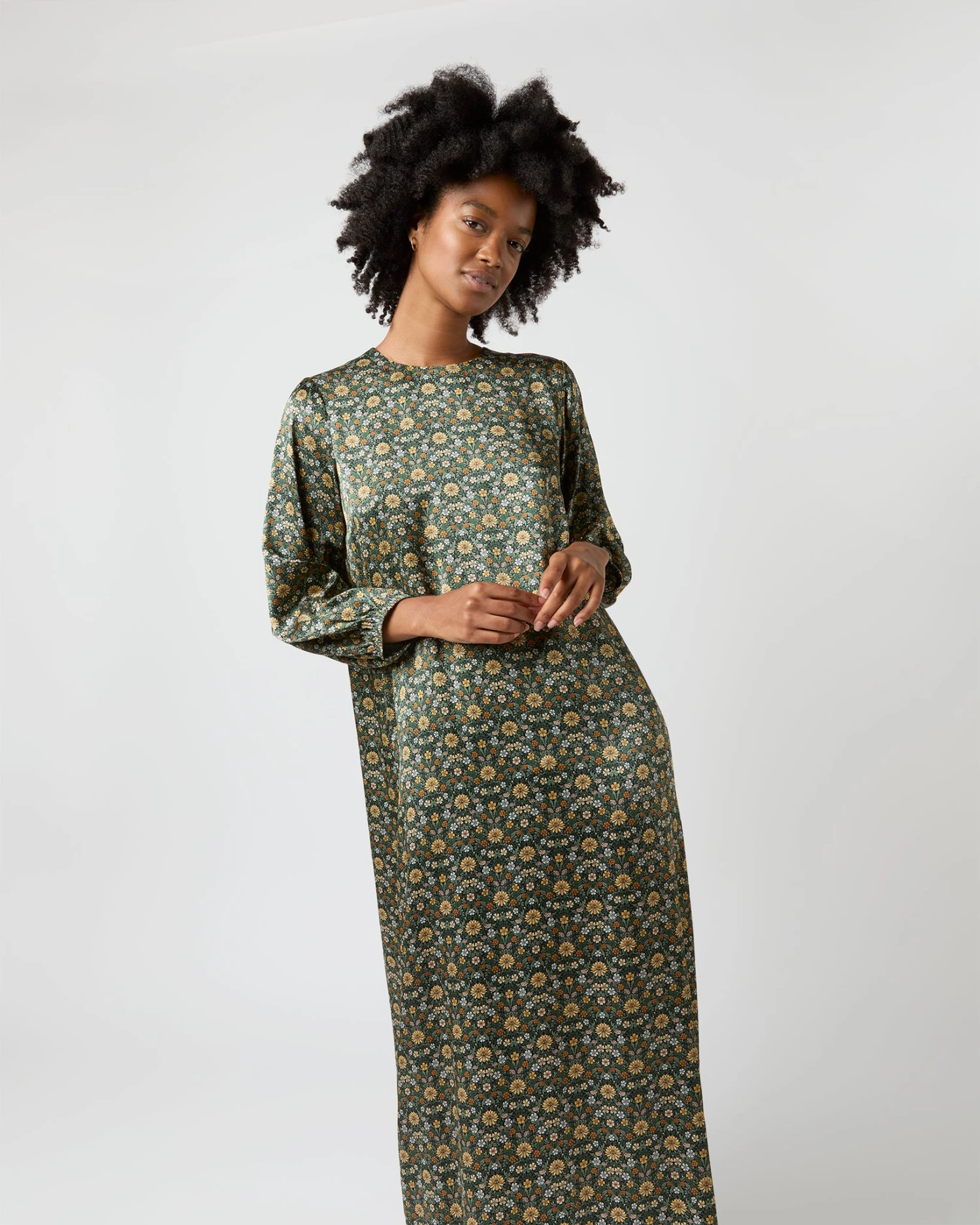 Long-Sleeved Paige Maxi Dress In Hunter/Gold Moon Flower Liberty Fabric Silk - Image 6